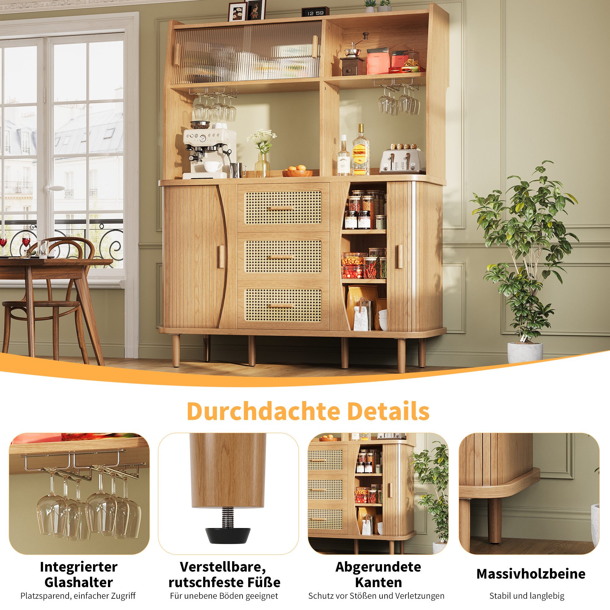 Celya Küchenbuffet Buffetschrank Rattanoptik mit Stauraum (mit 3 Schubladen und Glasschiebetüren, belastbar bis 60kg) Integrierte Glashalter, verstellbare Füße und abgerundete Kanten