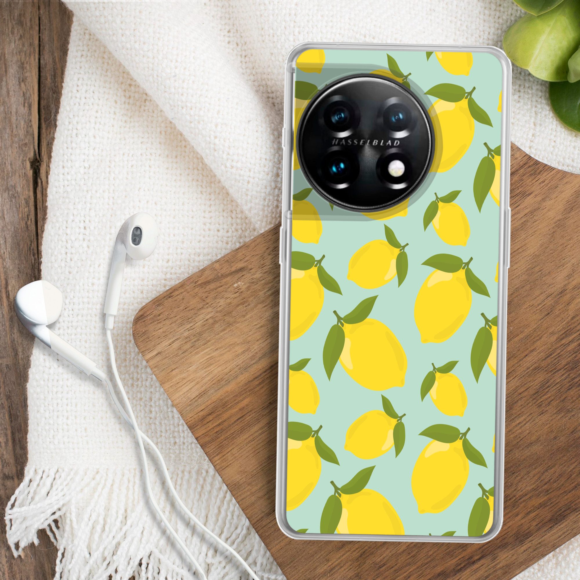 MuchoWow Handyhülle für OnePlus 11 Muster Zitronen - Gelb - Blau - Muster - Früchte, Handy Case, Silikon, Bumper Case Dünn