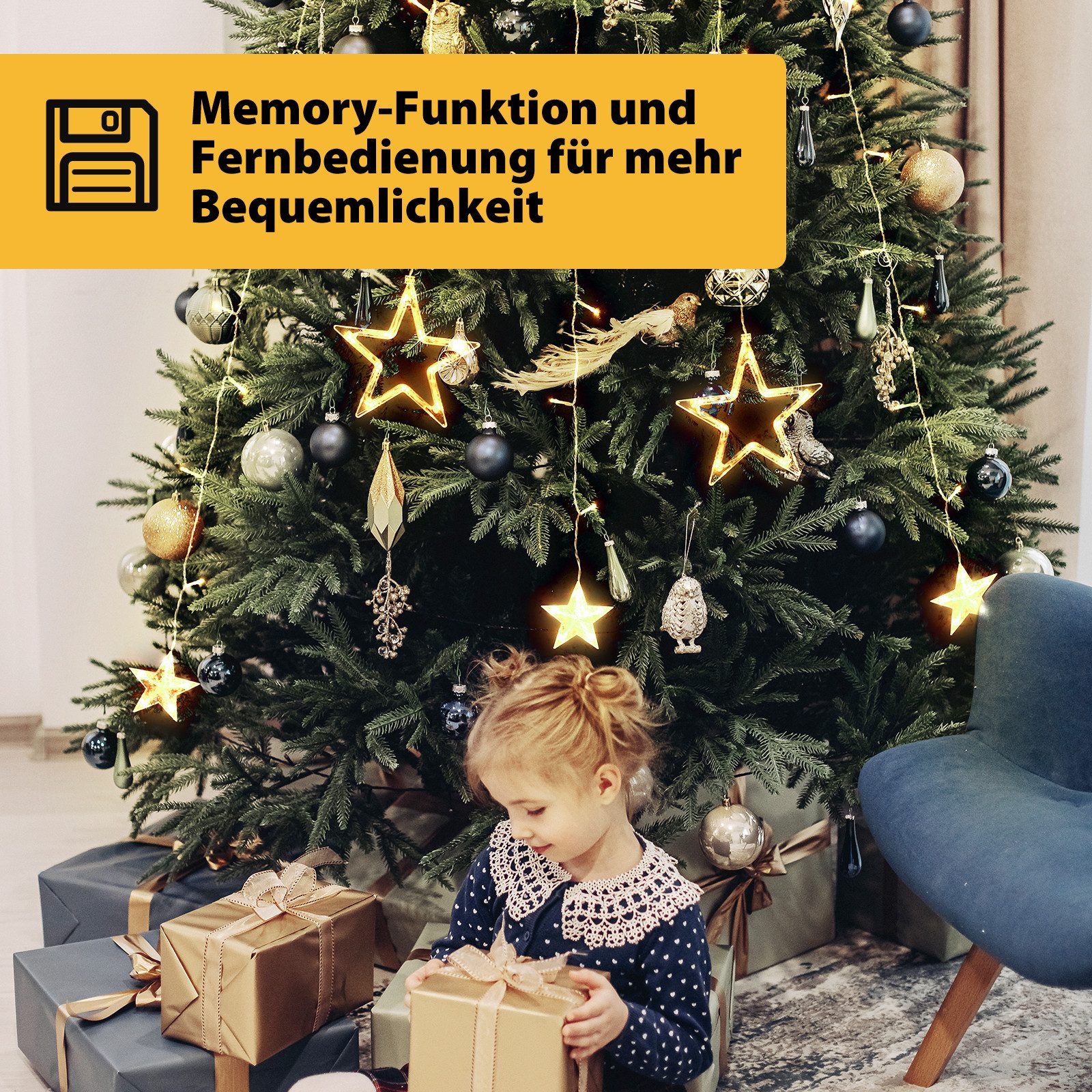 Salcar LED-Lichterkette Christbaumbeleuchtung mit Ring Sterne Lichterkette Weihnachtsbaum, 1,5M mit Fernbedienung und 9 Modi, Warmweiß – Bild 3 von 5