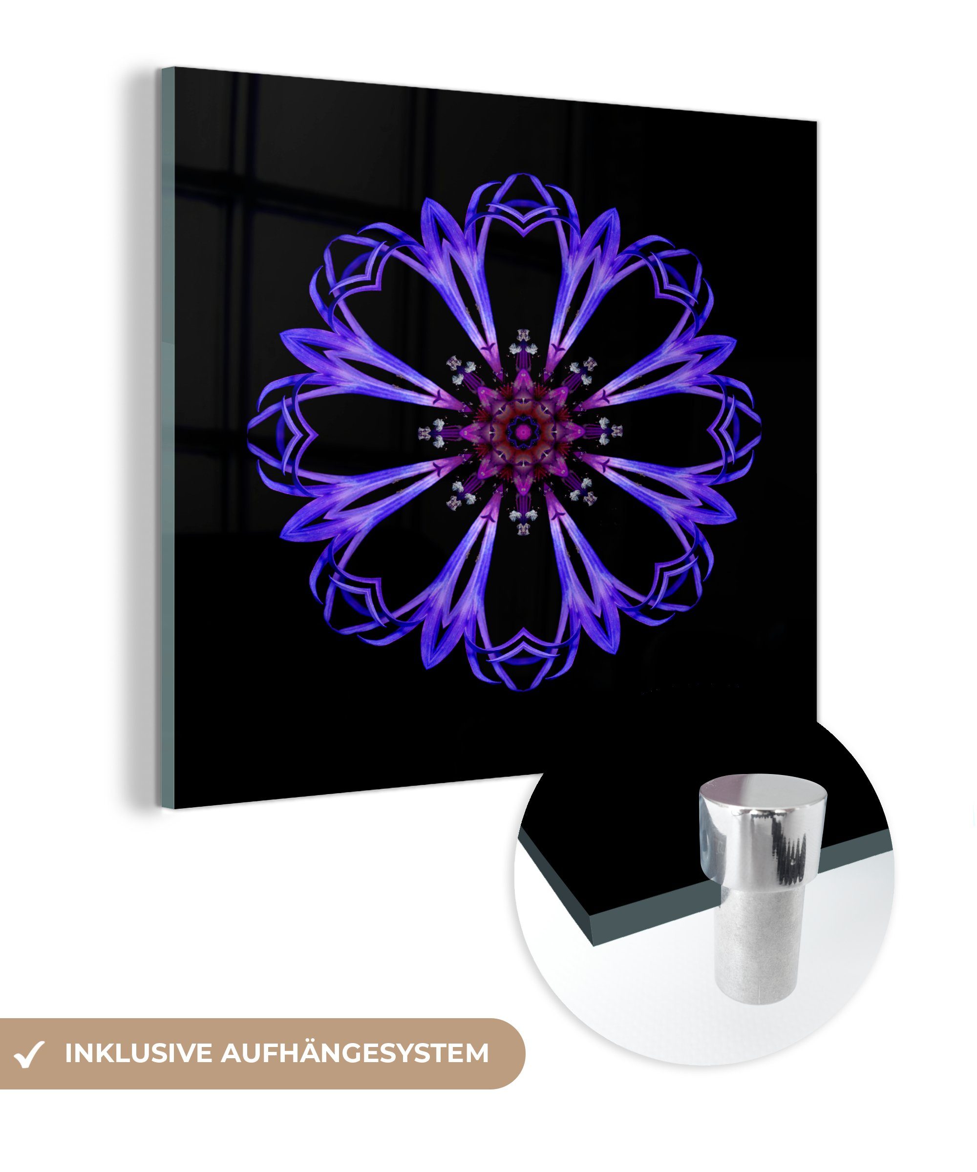 MuchoWow Acrylglasbild Ein blaues Blumenmandala auf schwarzem Hintergrund, (1 St), Glasbilder - Bilder auf Glas Wandbild - Foto auf Glas - Wanddekoration