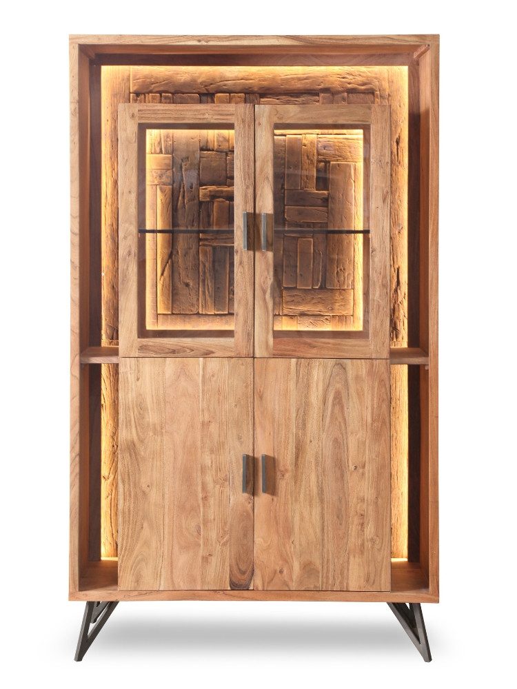 WOLF MÖBEL Vitrine HUDSON Vitrine 2 Glas-/ 2 Holztüren / 1 Glasboden / Licht (115x40x195 LxBxH (cm) soft close, LED-Beleuchtung