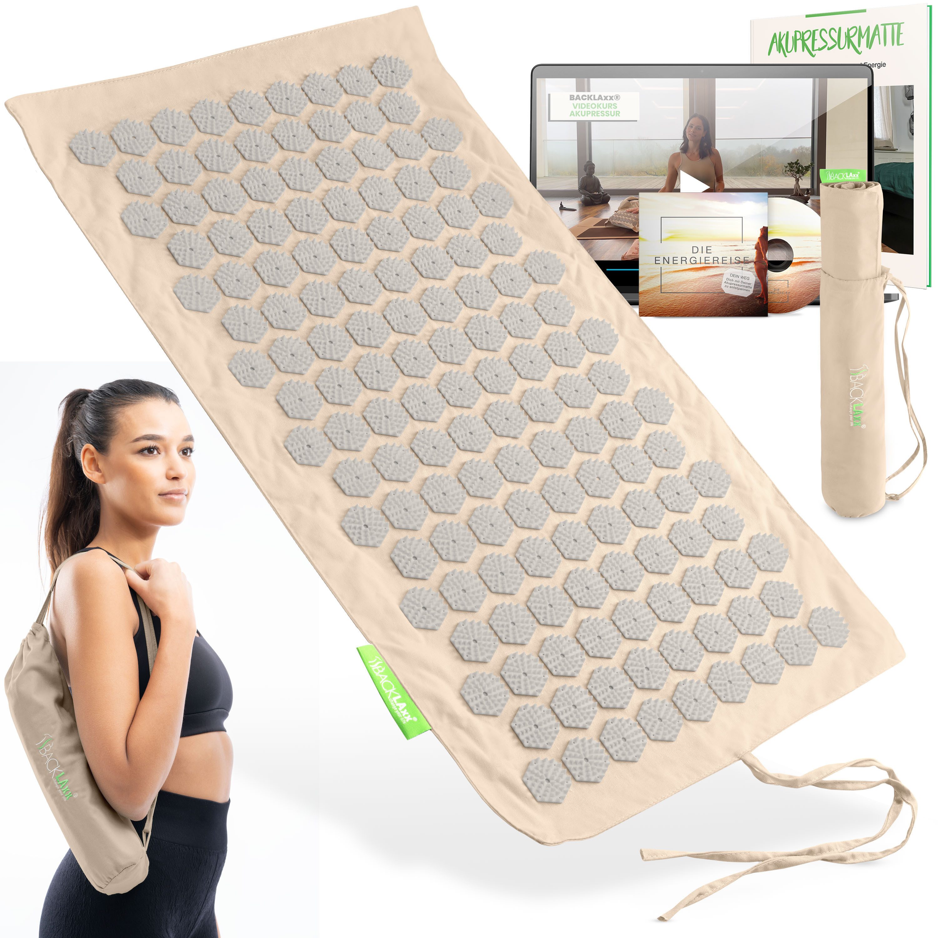 BACKLAxx® Akupressurmatte Akupressur Set "Original" mit Matte Kissen Tasche Baumwolltuch (5-tlg. Akupressur Set, inkl Videokurs, eBook & Hörbuch), für Entspannung Durchblutung Stressabbau