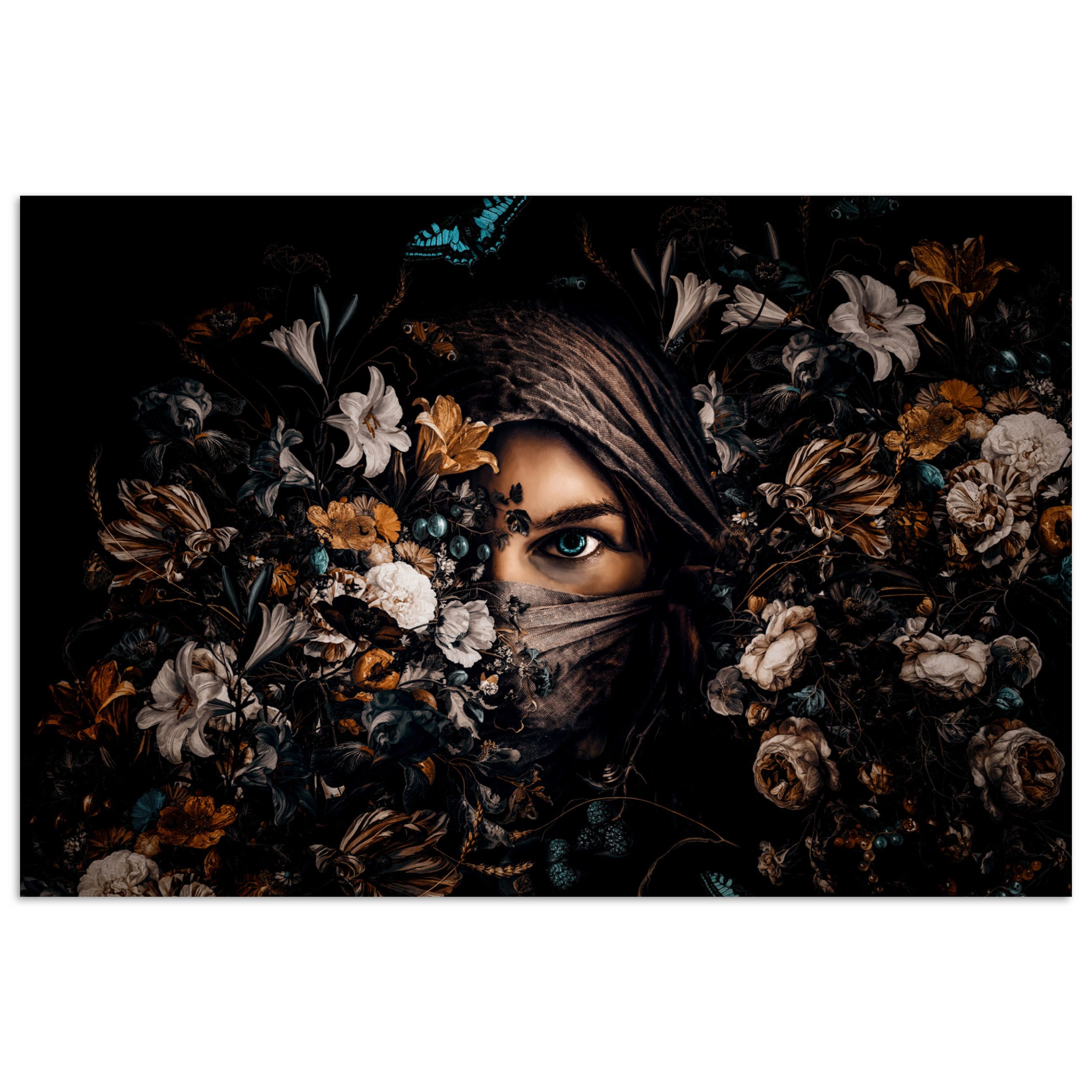 Poster Frau - Luxus - Blumen - Schmetterling - Porträt