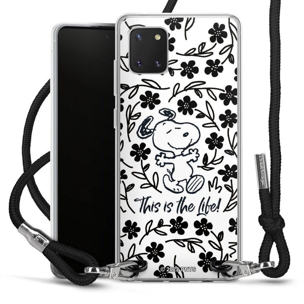 DeinDesign Handyhülle Peanuts Blumen Snoopy Snoopy Black and White This Is The Life, Samsung Galaxy Note 10 lite Handykette Hülle mit Band Cover mit Kette