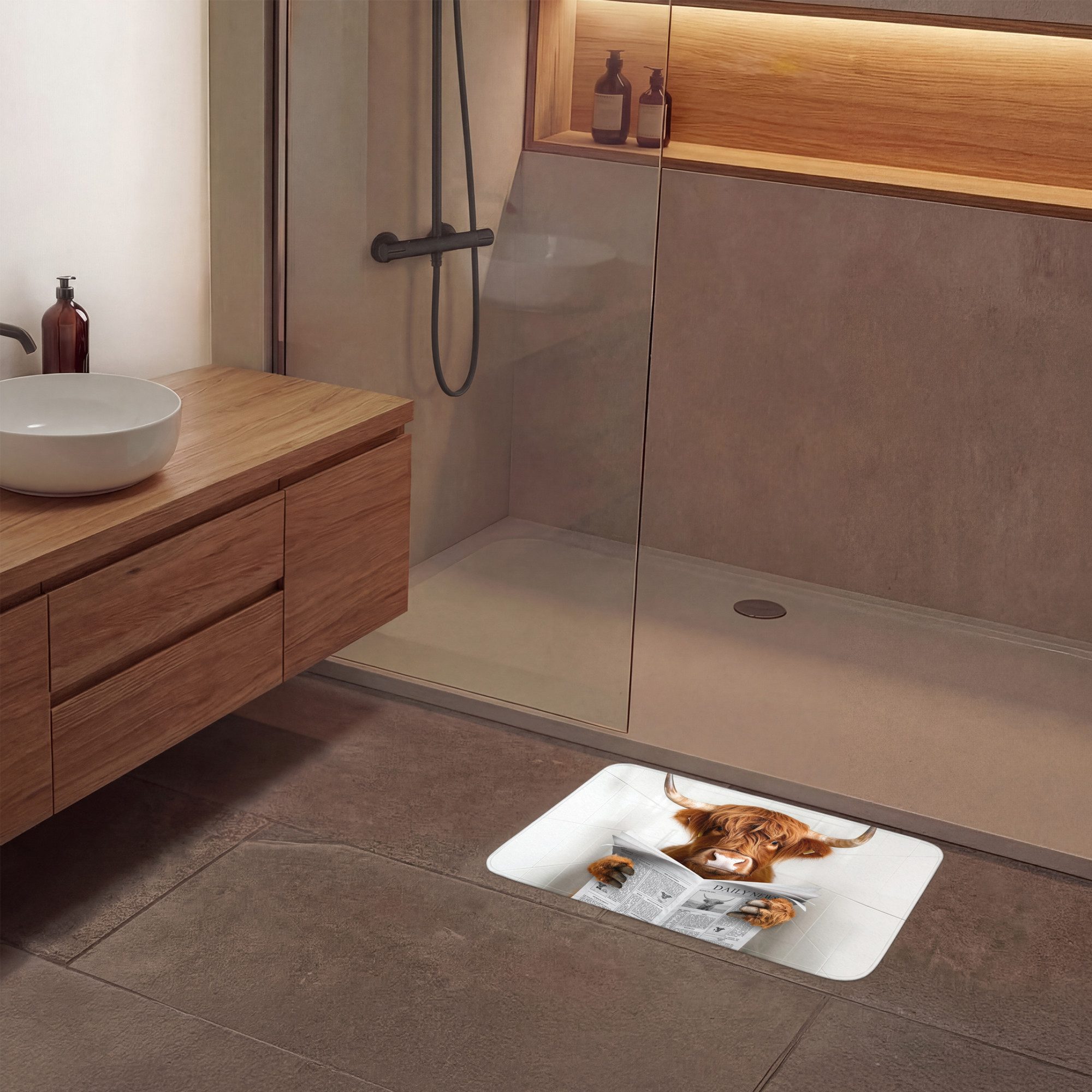 OnlyWow Badematte Schottischer Highlander - Tier - Zeitung - Toilette, Höhe 10 mm, Polyester, Rechteckig, Badezimmerteppich, Badteppich, Rutschfest, Badvorleger – Bild 4 von 5