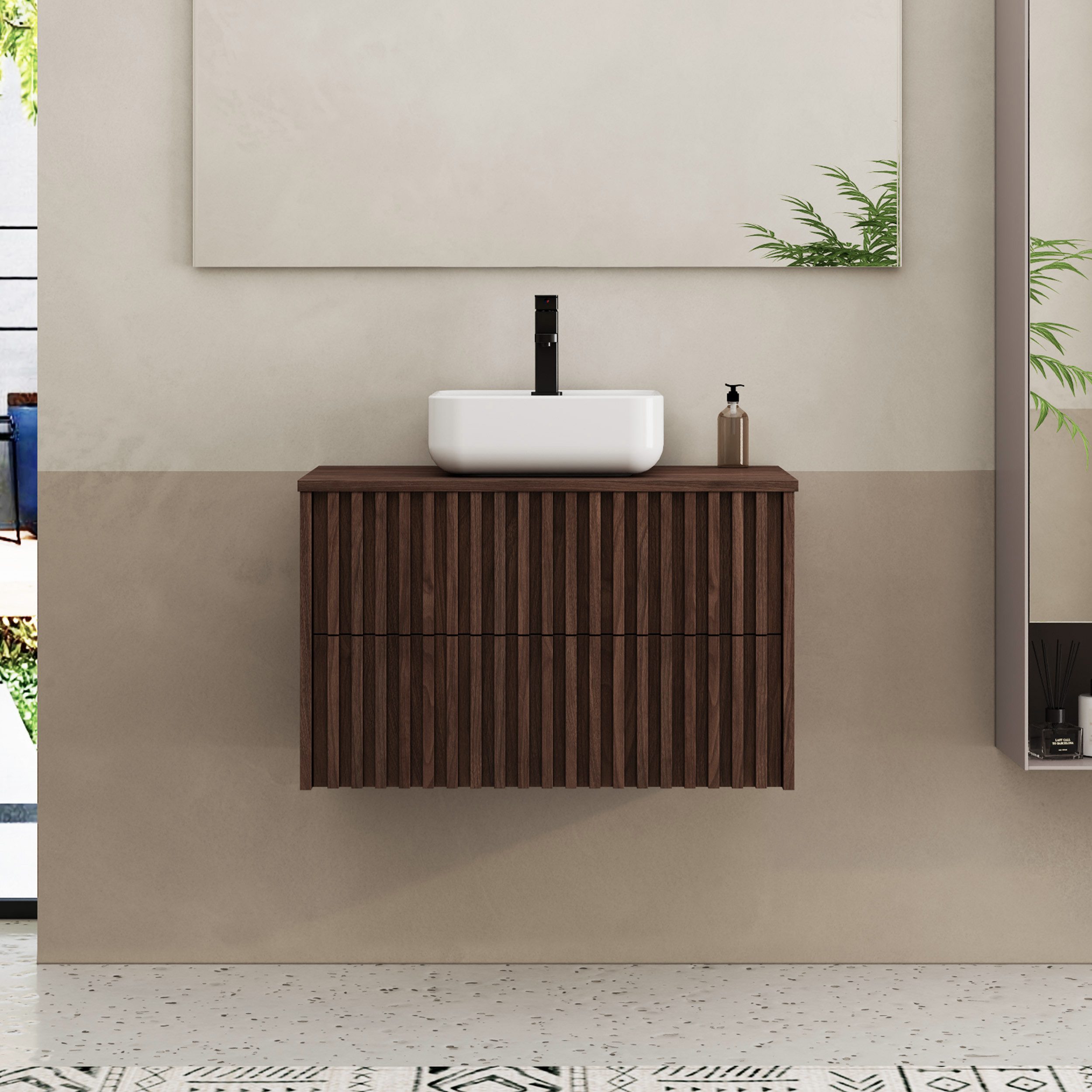 UEV Waschtisch mit Unterschrank hängend Rechteckiges Keramikwaschbecken (Komplett-Set Badmöbel, Badezimmmer Schrank, mit Wasserhahn und Pop-up-Ablassventil Aufsatz-Waschbecken), Soft-close Schubladen,Waschbeckenunterschrank mit 2 Schubladen