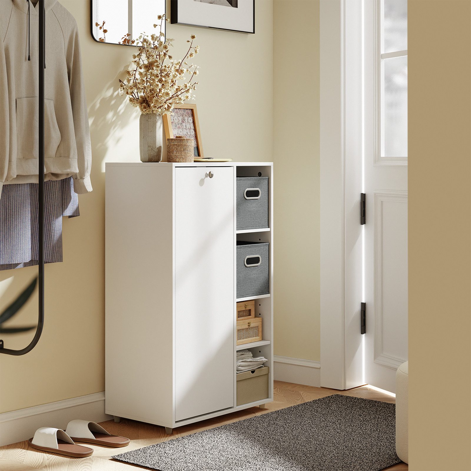 SoBuy Wäscheschrank BZR218, Badezimmerschrank schmal, Wäscheschrank Wäschekorb Badkommode Badschrank mit Wäschekorb, mit 2 Stoffschubladen, Nischenschrank – Bild 5 von 5