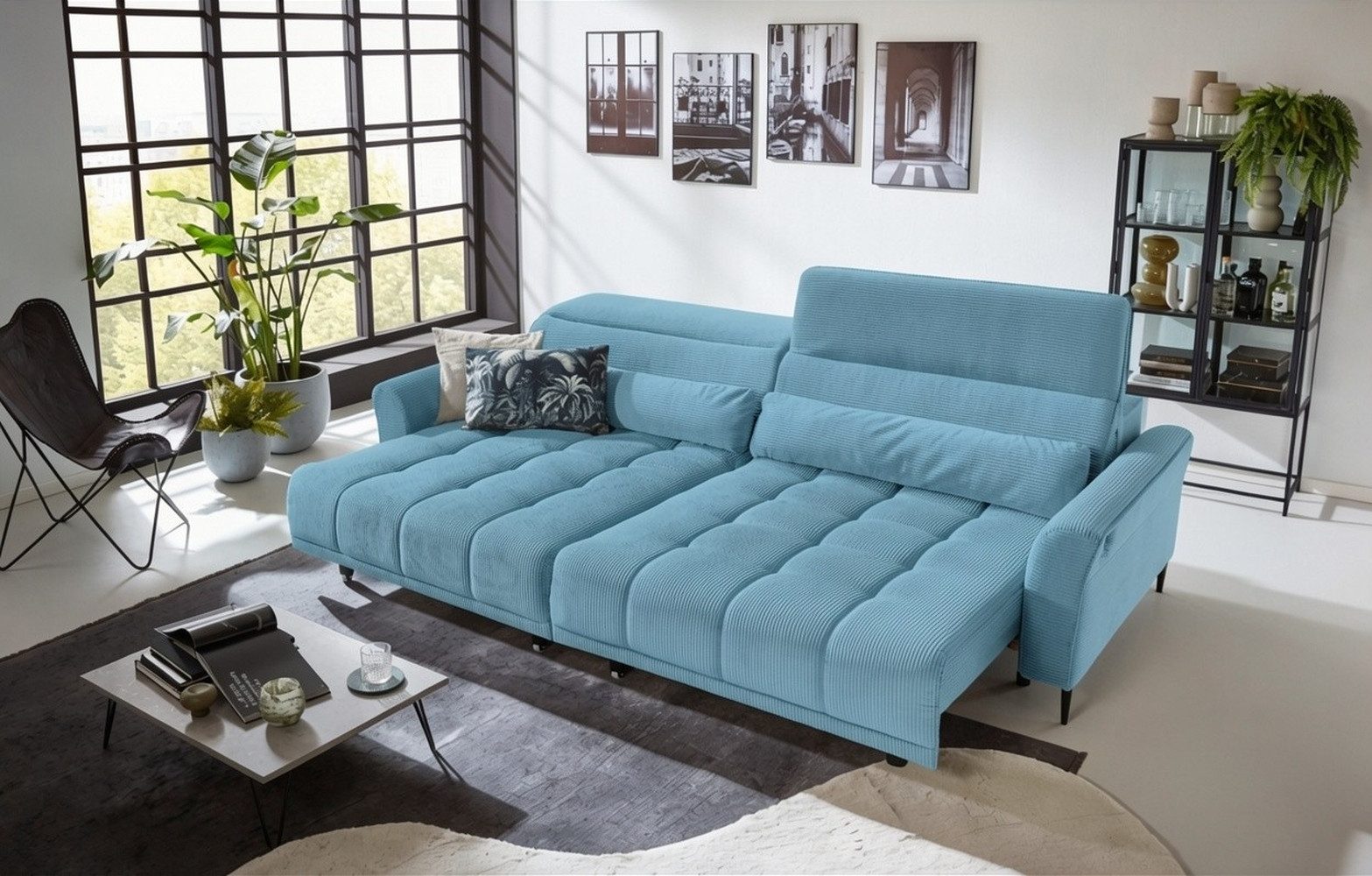 freiraum Big-Sofa Wolve, 2x elektr. Verstellung, Fein-Cord blau - 280x108x118cm (BxHxT)