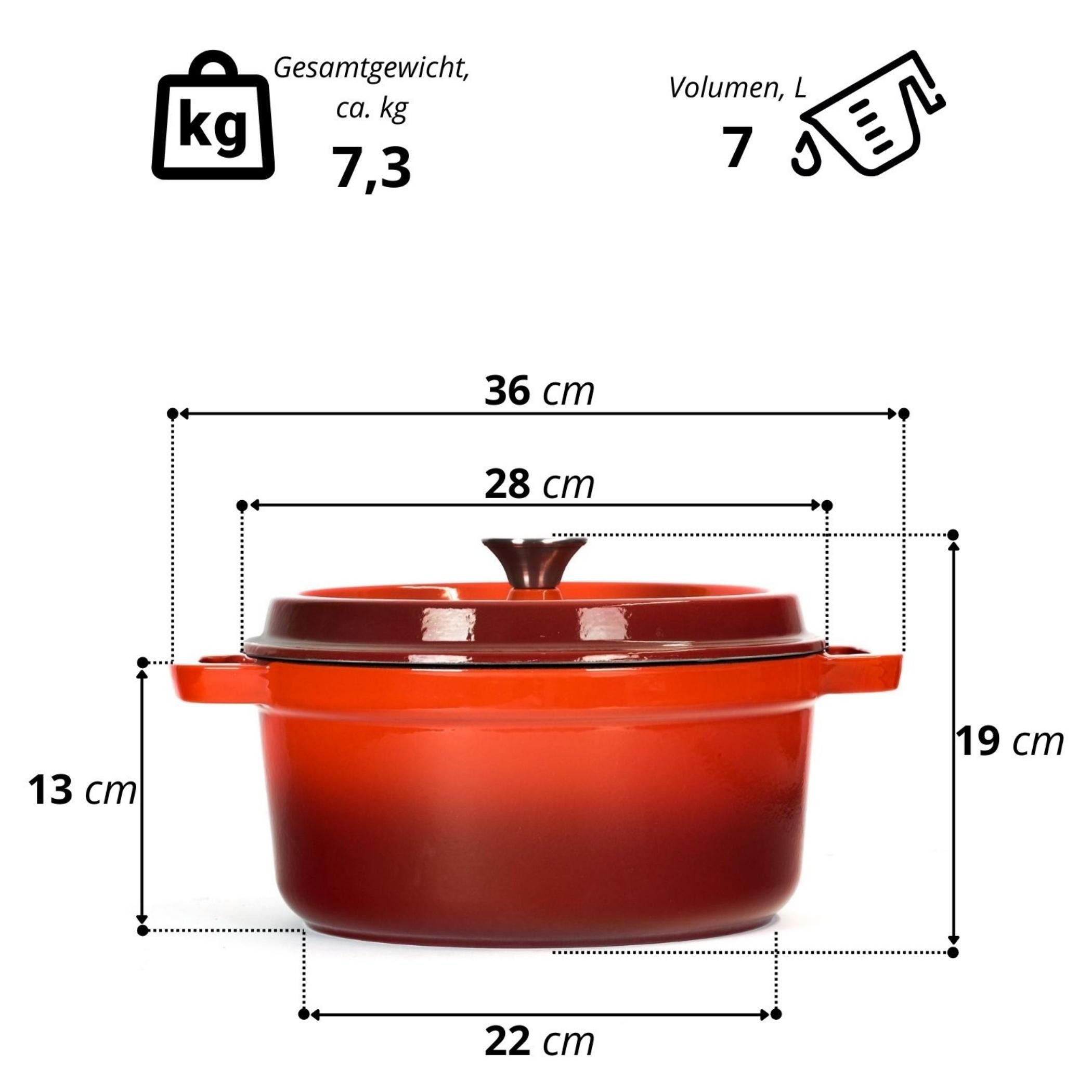 BIG-PAN Kochtopf Emaillierter Gusseisen Topf mit Deckel Ø28 cm 7L Bräter Dutch Oven, Gusseisen (Induktionsgeeignet Backofenfest, Kasserolle Brotbacktopf Cocotte)