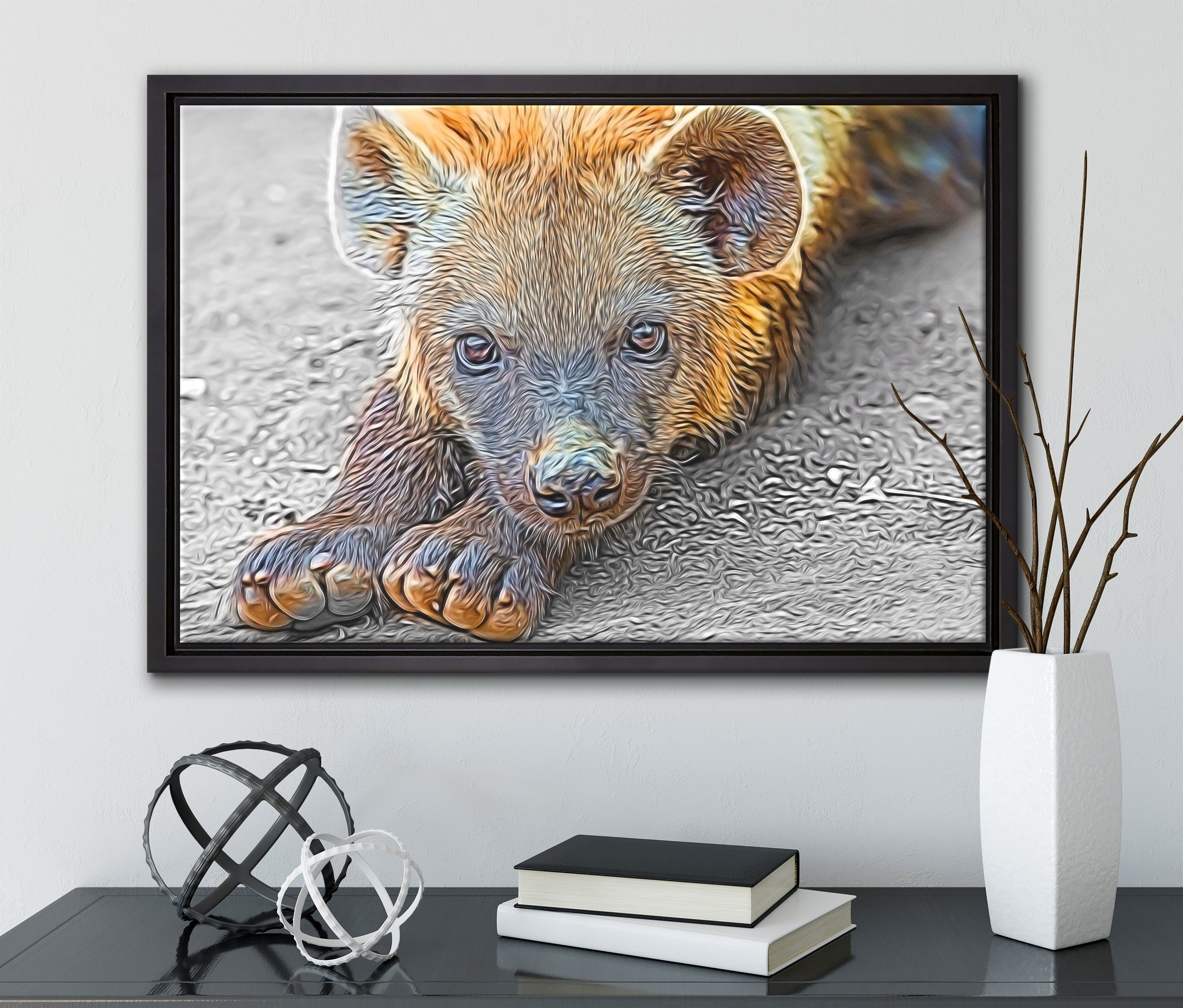 Wanddekoration Leinwandbild St), Zackenaufhänger in niedliche (1 Leinwandbild inkl. fertig Schattenfugen-Bilderrahmen einem Hyäne, kleine gefasst, bespannt, Pixxprint