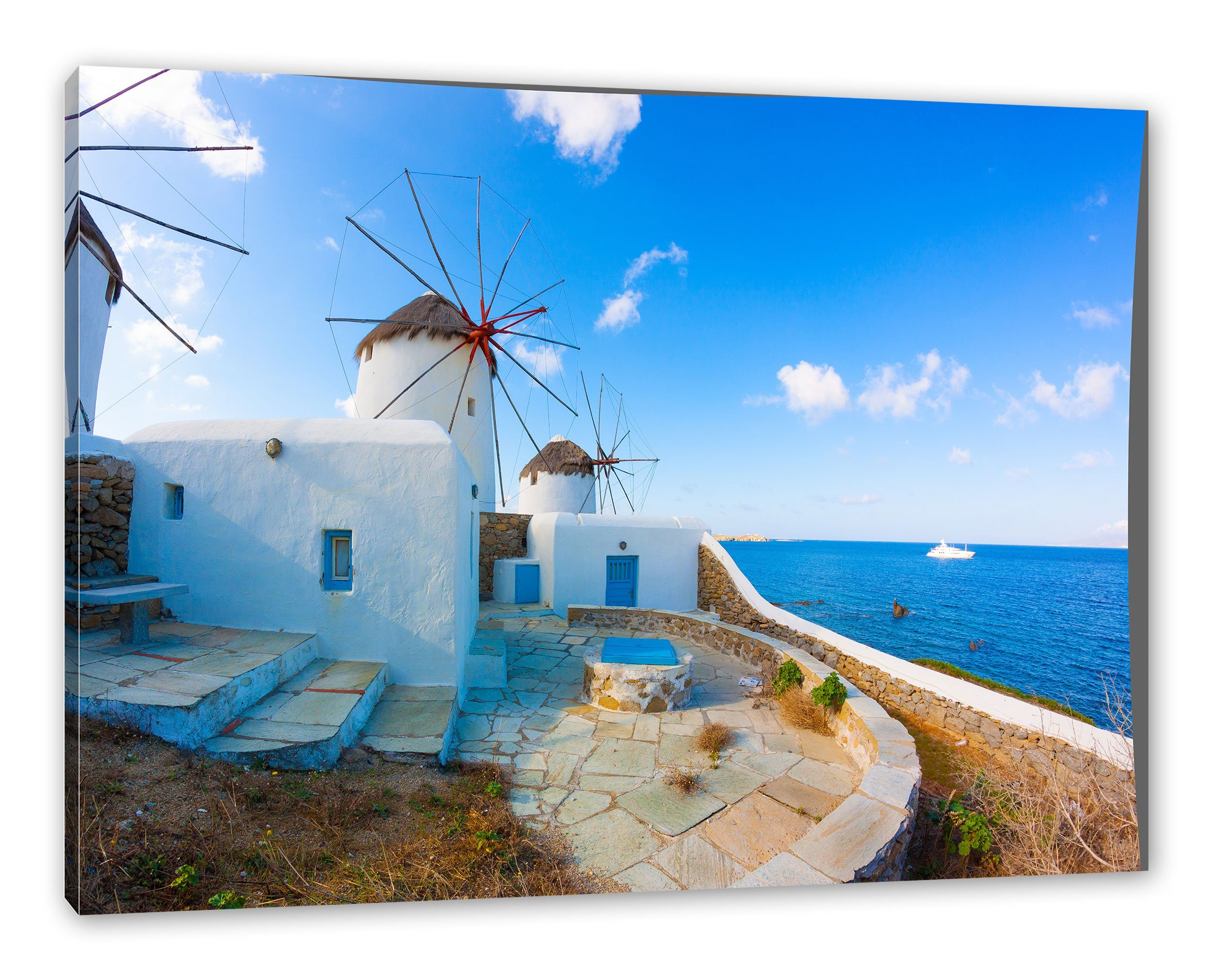 Mittelmeer fertig Mittelmeer, Zackenaufhänger St), im inkl. Leinwandbild Windmühlen Leinwandbild im Windmühlen Pixxprint (1 bespannt,