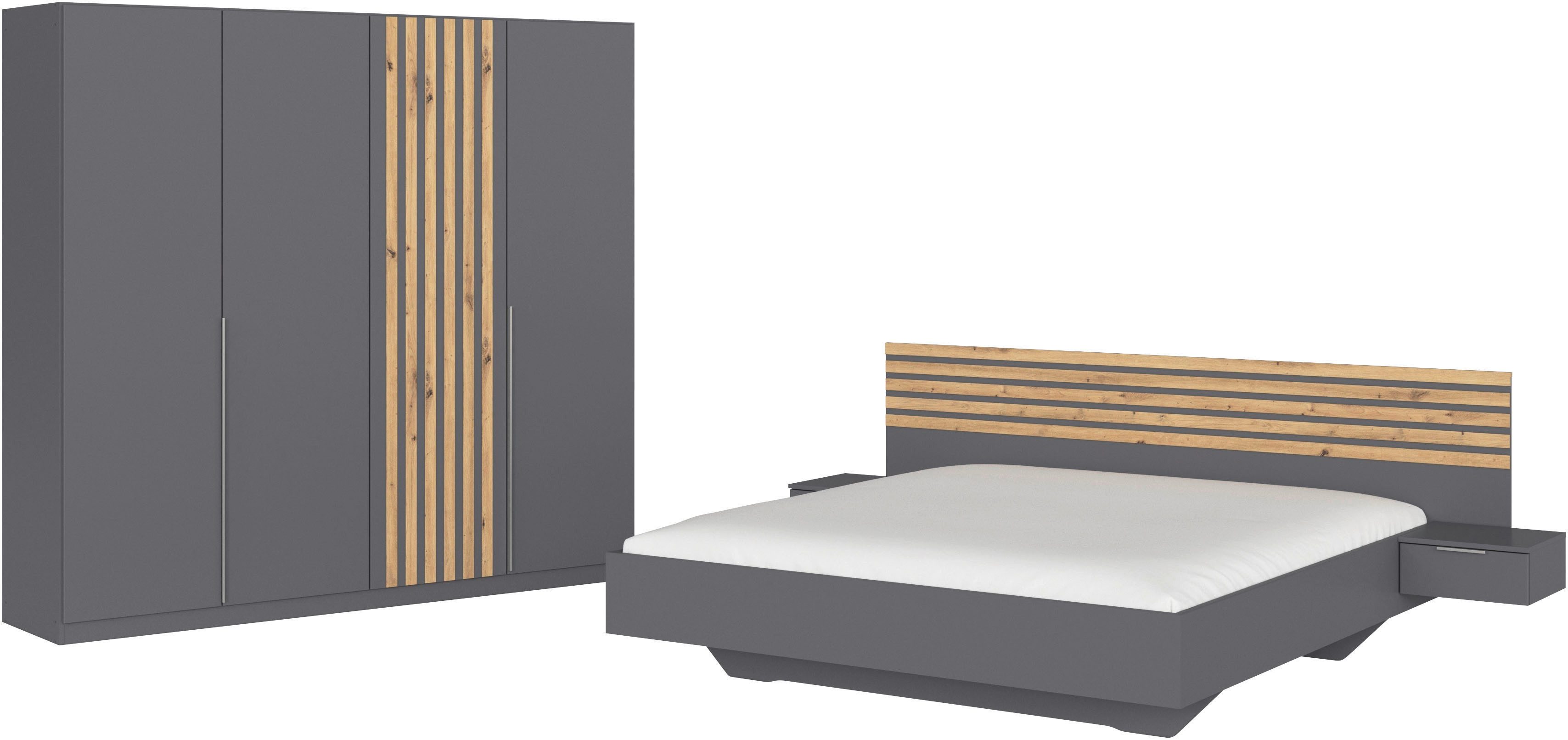 rauch Schlafzimmer-Set Komplettzimmer Komplett Set Schrank 226 cm Bett 160/180 cm LAMELLA, (Set, 4-tlg., 3 verschiedene Ausstattungen BASIC/CLASSIC/PREMIUM (inkl. SOFT-CLOSE), elegante Lamellen-Auflage in 3D Akustikpaneel Optik MADE IN GERMANY