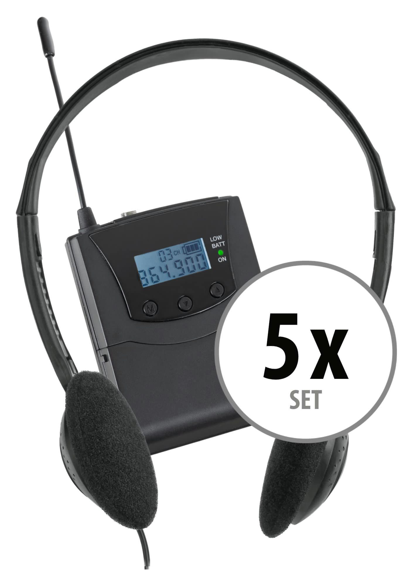 5 Kanäle (Dezentes empfangbare 5 Stereo Kopfhörer) Silent inkl. mit UHF-Technik, Bodypack-Receiver Funk-Empfänger, 3 V2 Beatfoxx Funk-Kopfhörer Set Economy Guide Tourguide-Set