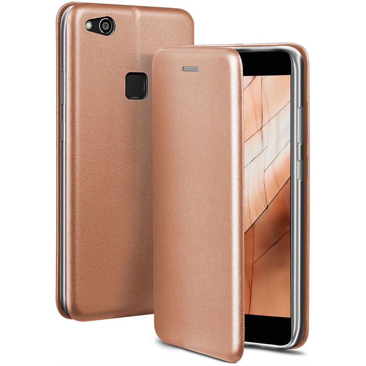 ONEFLOW Handyhülle für Huawei P10 Lite Premium Hülle Business Cover Rosa 5,2 Zoll, 360 Grad Schutzhülle Flip Case Etui Klapphülle Dünn Leder Handy Tasche