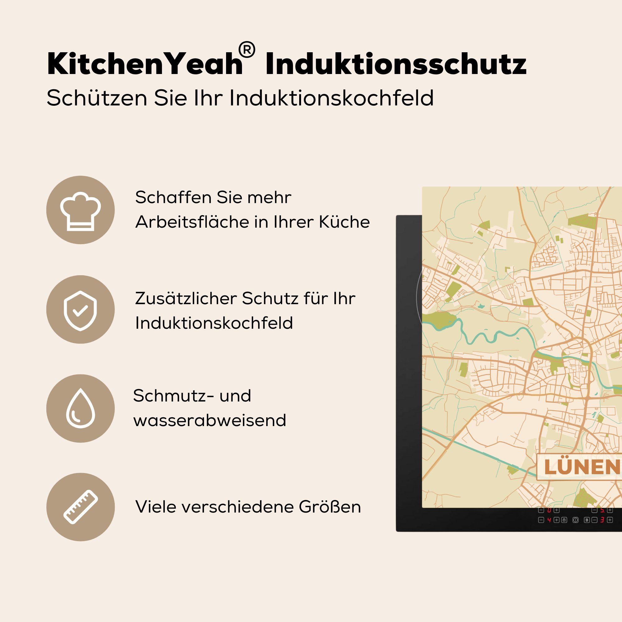 MuchoWow Herdblende-/Abdeckplatte Stadtplan - Lünen Stadtplan (1 - Ceranfeldabdeckung, - 78x78 küche cm, für Vinyl, Vintage, tlg), Arbeitsplatte