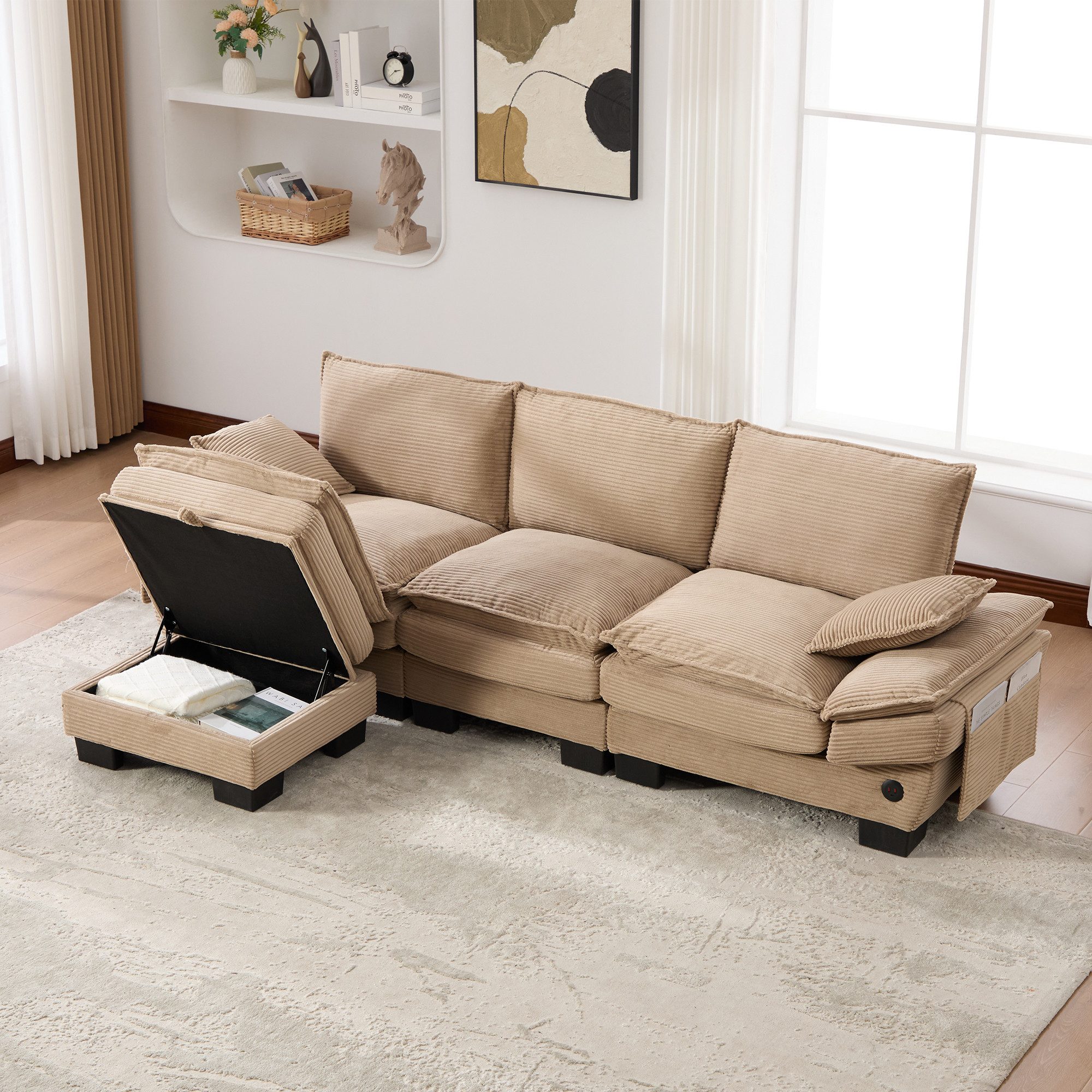 STILVORA Ecksofa mit Seitentaschen 3-Sitzer Cordsofa mit Hocker für Wohnzimmer Khaki, Relaxsofa mit hochdichte Schaumstoffpolsterung, langlebig, pflegeleicht
