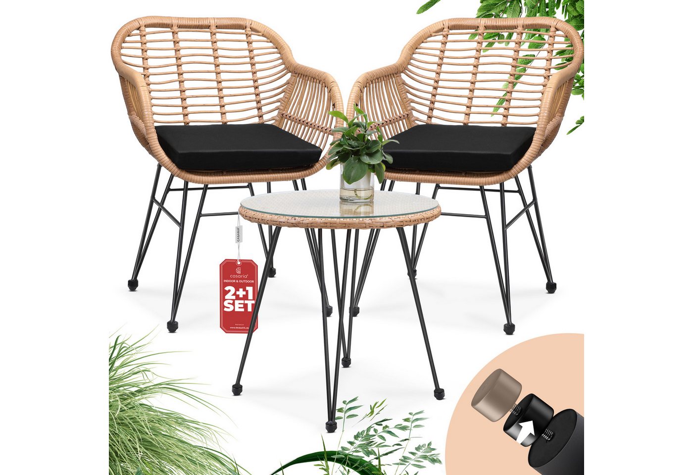 Casaria Balkonset Bali, (3-tlg), Rattan-Optik 5cm Auflagen Wetterfest Sicherheitsglas Höhenverstellbar