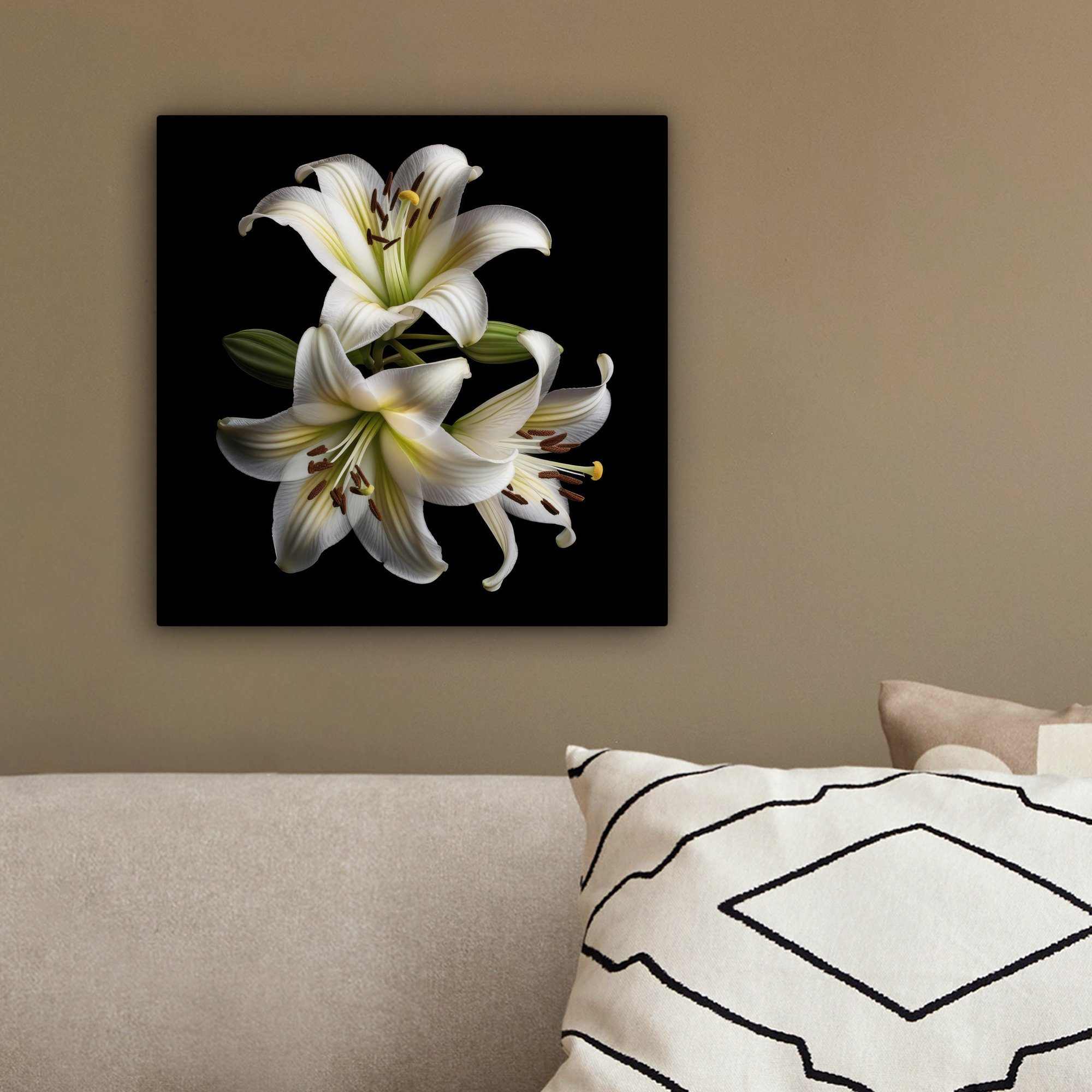 Schlafzimmer, 20x20 Weiß - Bilder Leinwand Leinwandbild OneMillionCanvasses® Blumen St), Natur - - für (1 - cm Botanisch, Lilie Wohnzimmer