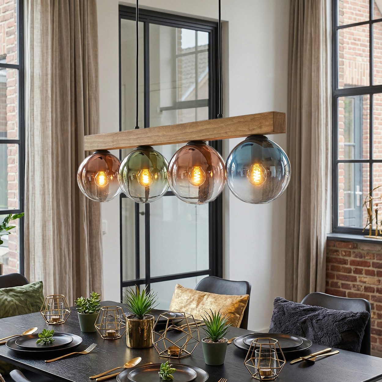 hofstein Hängeleuchte Hängelampe aus Metall/Holz/Glas in Schwarz/Natur/Blau/Grün/Kupfer/Klar, ohne Leuchtmittel, moderne Pendelleuchte im Boho/Vintage-Design mit Holzbalken, 4 x E14