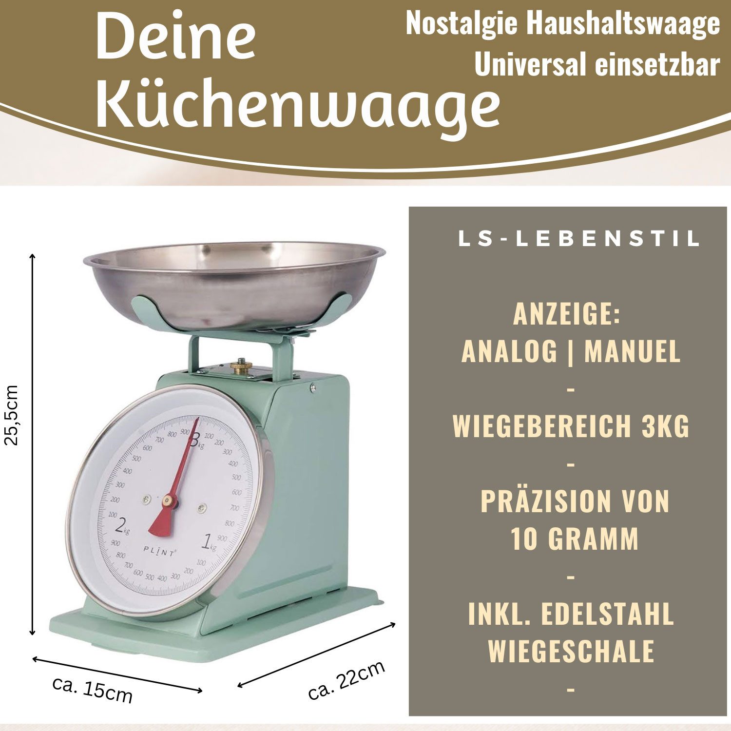 LS-LebenStil Küchenwaage Vintage Backwaage Retro Grün Manuelle Waage mit großem Ziffernblatt, (Manuelle Analoge Backwaage großes Ziffernblatt, 2-tlg., mit 1L Edelstahl Schüssel ohne Batterie / Strom Küche Waage), 3kg Skala mit großer Rührschüssel