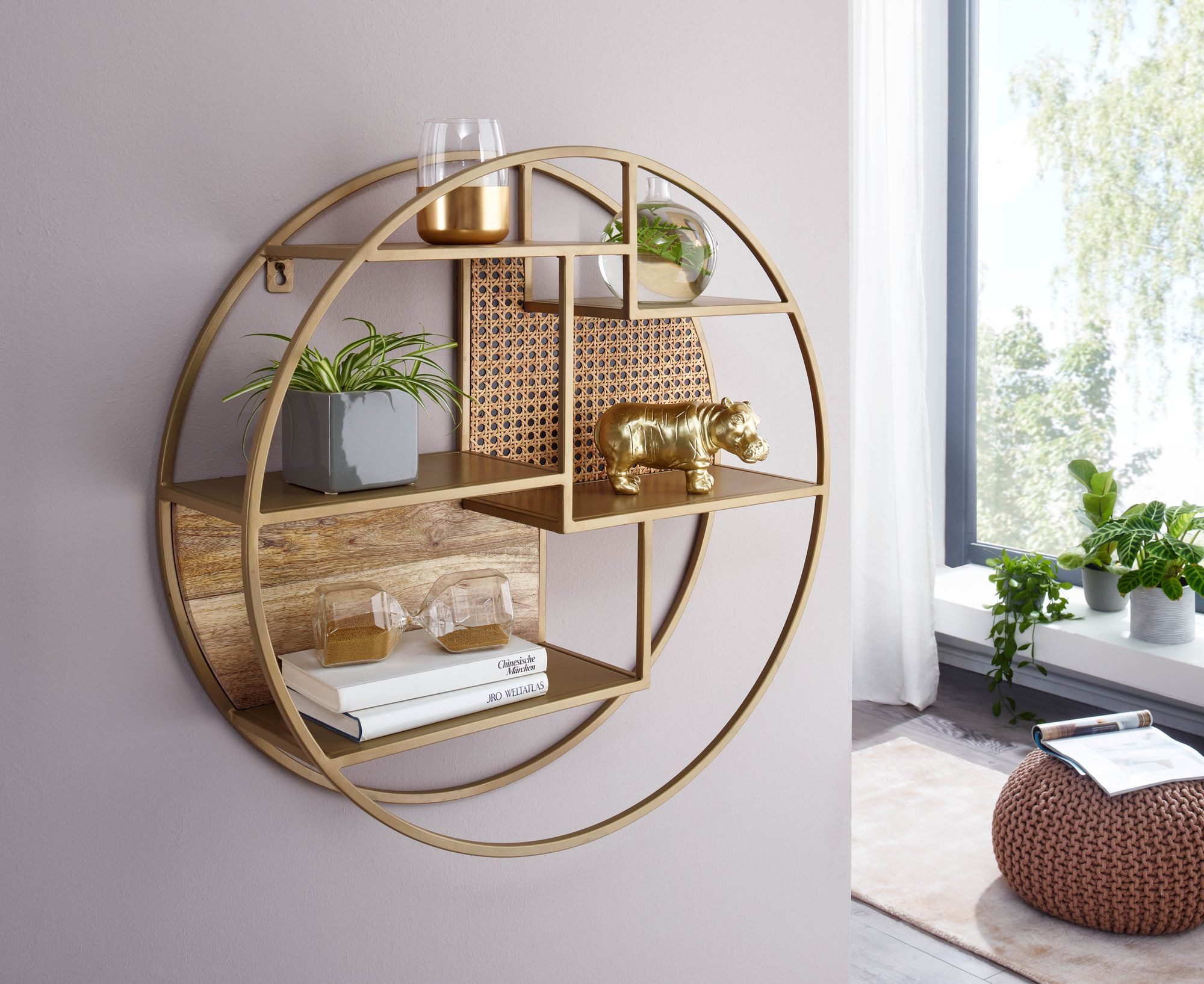 FINEBUY Wandregal FB71439 Hängeregal Holz Metall 62x62x17 cm Regal Rund, 62x62x17cm Hängeregal Massivholz / Metall / Rattan, Schweberegal Wiener Geflecht, Regal hängend Rund