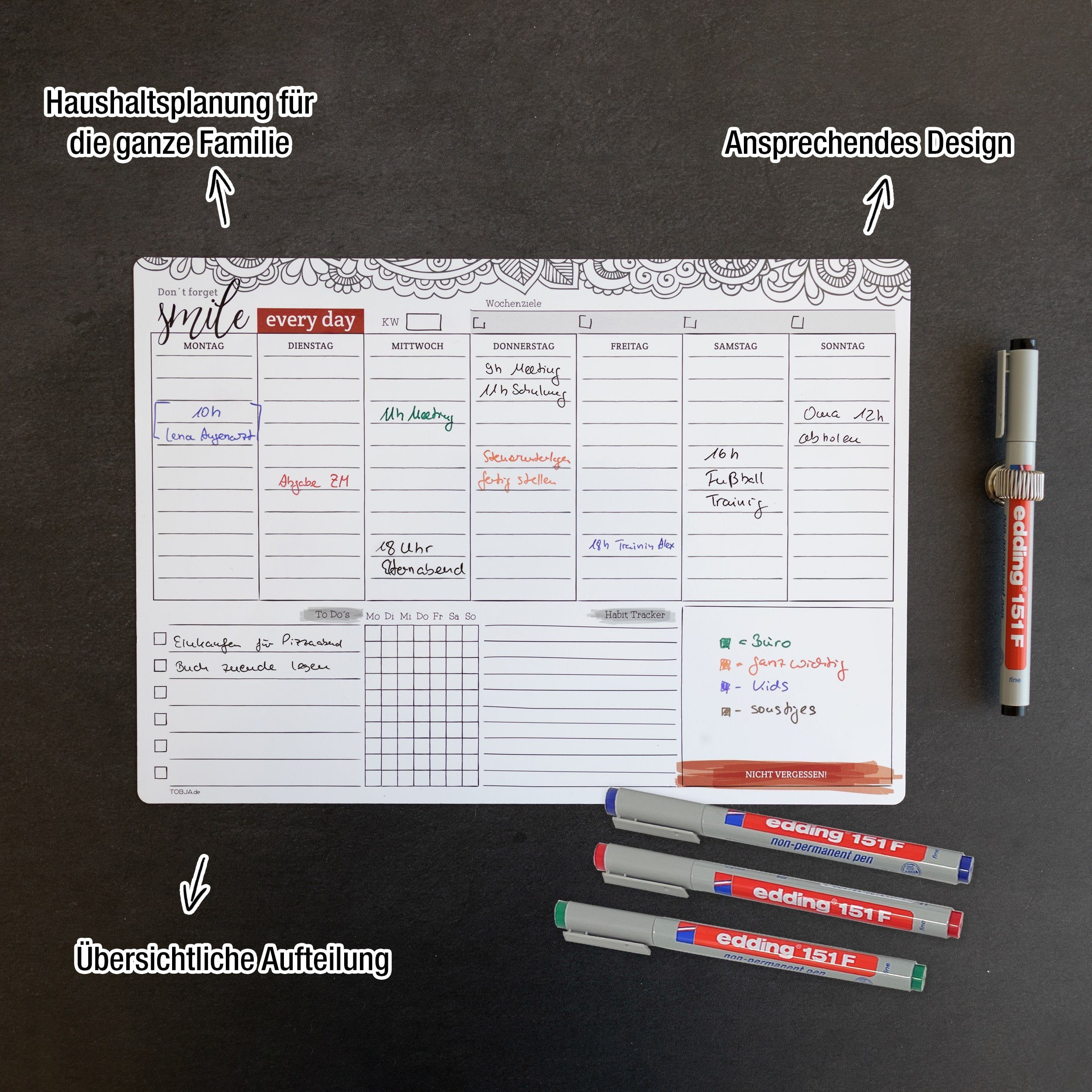 TOBJA Magnettafel Wochenplaner A4 Magnetfolie +4 Stifte wiederbeschreibbar, Abwischbarer Organizer inklusive 4 Markenstifte DIN A4 – Bild 4 von 5