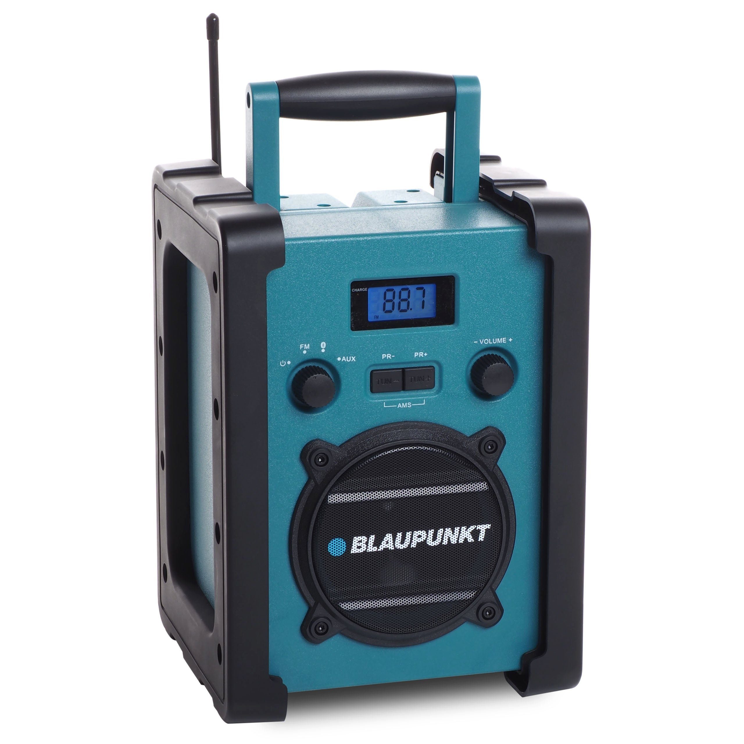 Petrol Aux-in) std. 20, und 5,00 Baustellenradio Akku, Laufzeit, IPX5 AUX-IN, W, Baustellenradio Staub- Blaupunkt Schutzklasse (Radio strahlwassergeschützt, Bluetooth, mit (FM), 14 Bluetooth, BSR