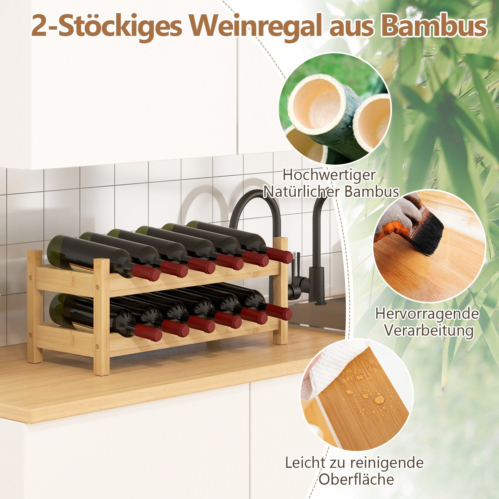 COSTWAY Weinregal, Flaschenregal Bambus mit 2 Etagen für 12 Flaschen