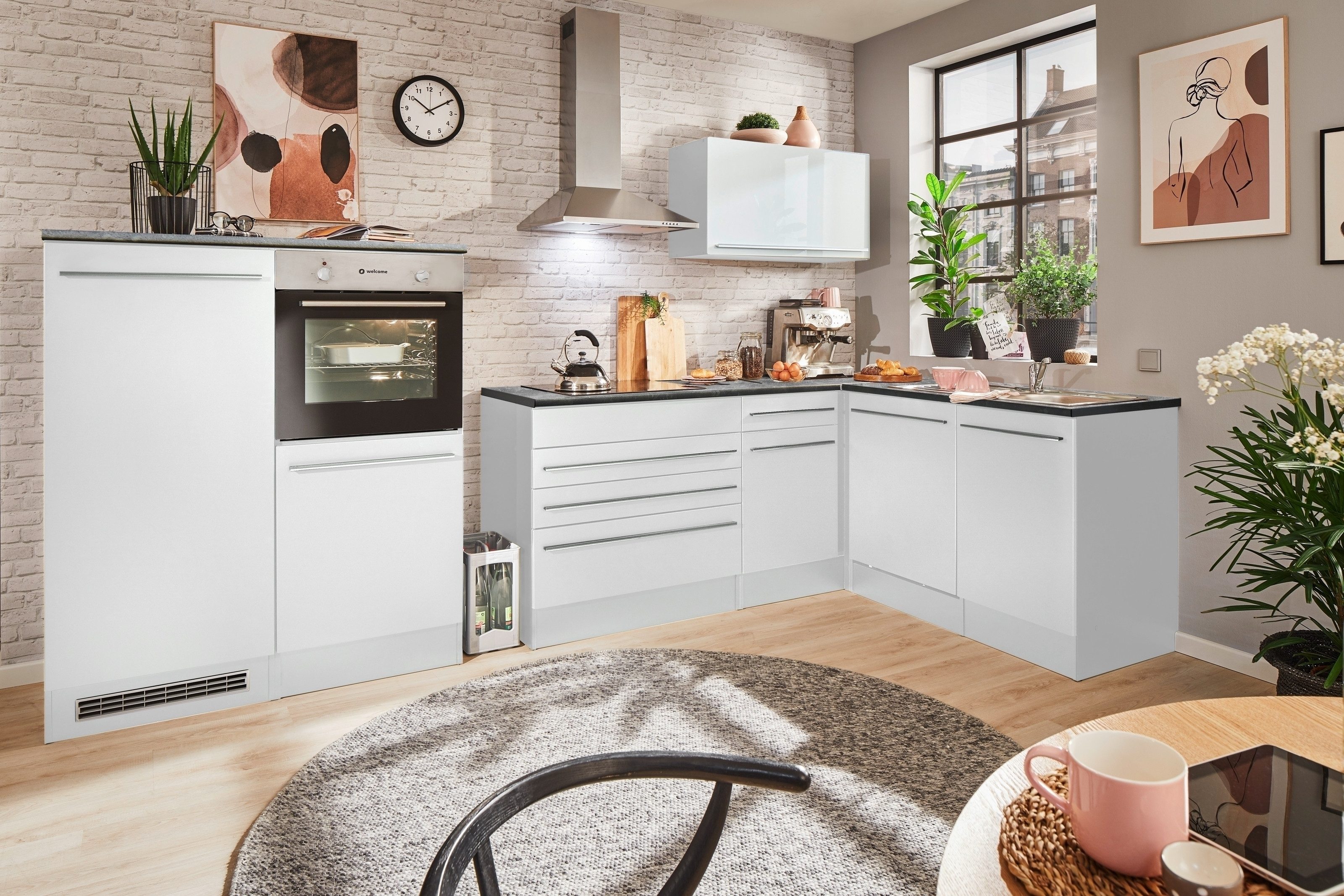 BEGA BBK Küche L-Küchenzeile ohne Elektrogeräte in Weiß HGL - 320x200x60 cm (B/H/T)