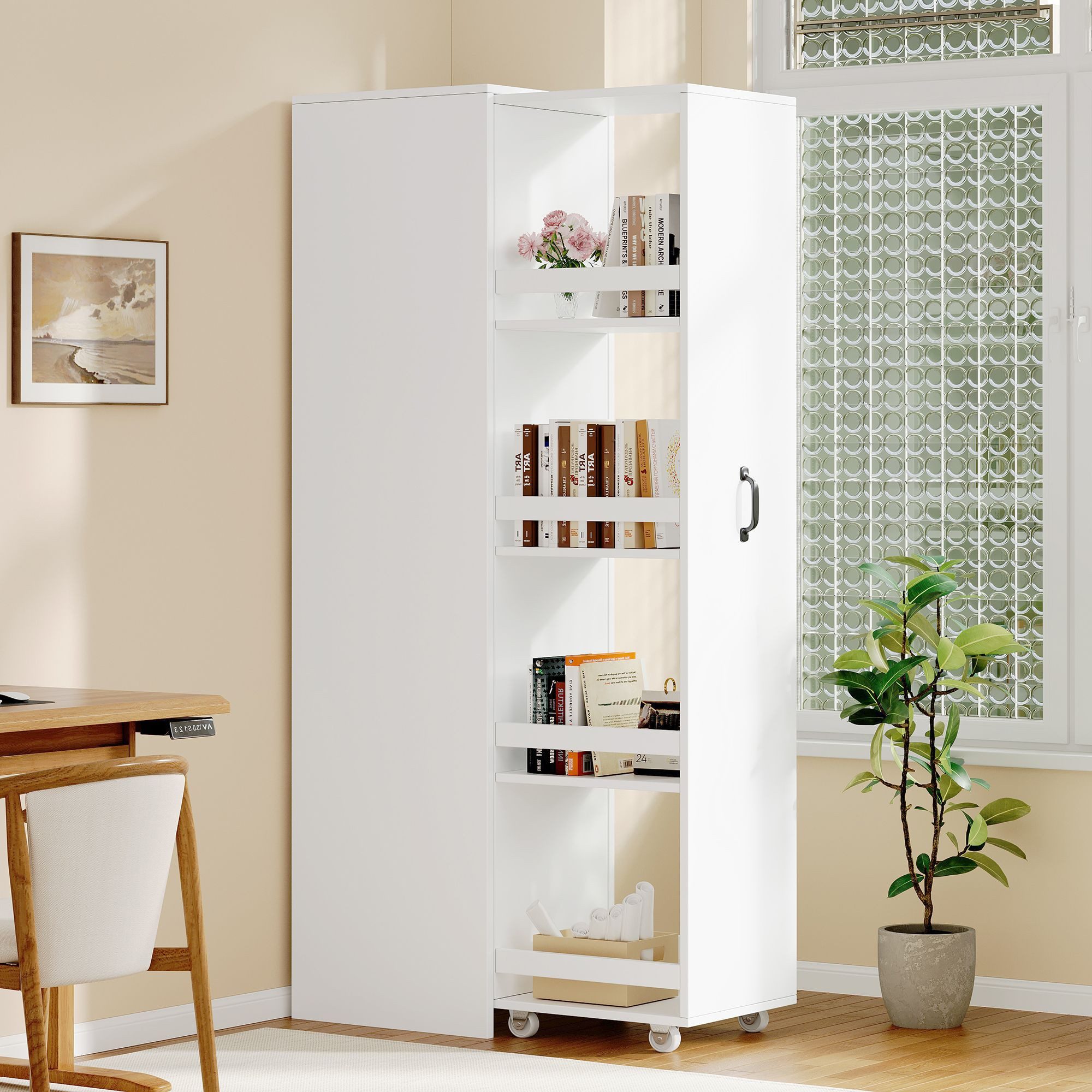 Merax Bücherregal Schmales Regal mit Rollen und Aufbewahrungsboxen, 1-tlg., für Wohnzimmer, Büro, Küche und Badezimmer
