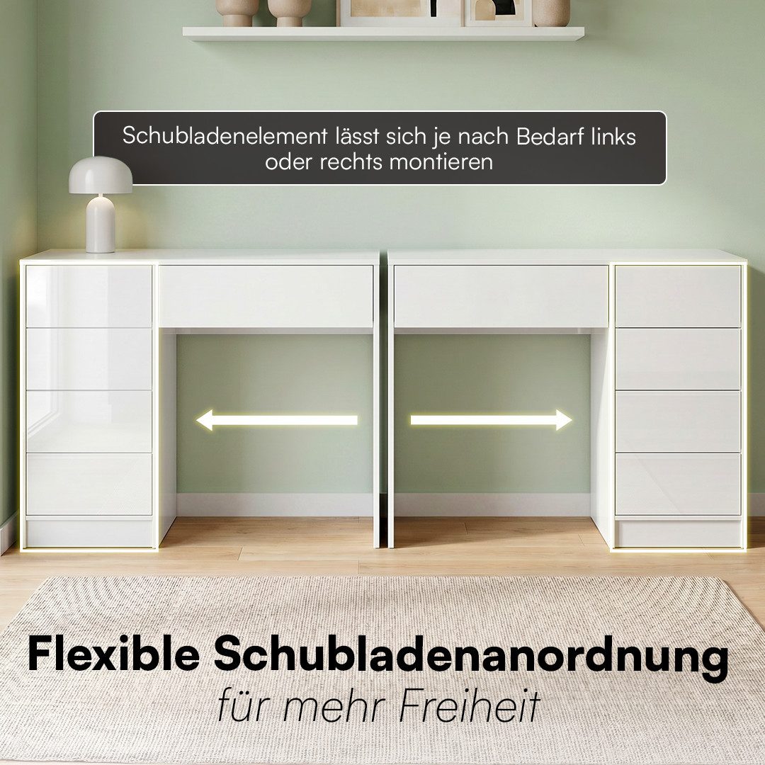 Bellamio Schreibtisch Livny mit 5 Schubladen, beidseitig montierbar (Push-to-Open, weiß), 80x53x110 cm