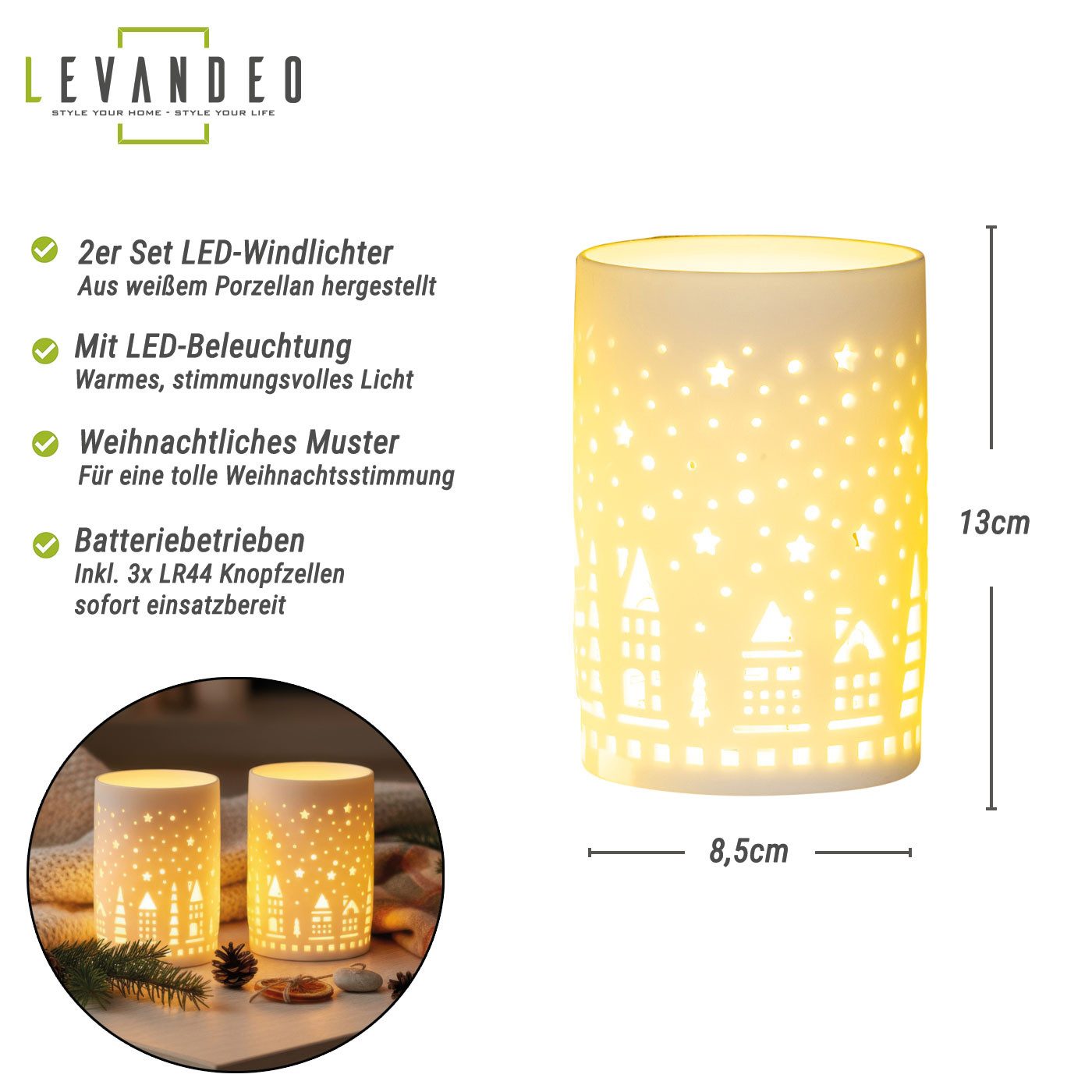 Levandeo® LED Dekoobjekt, 2er Set LED Dekoleuchte Weiß H13cm Porzellan Weih günstig online kaufen