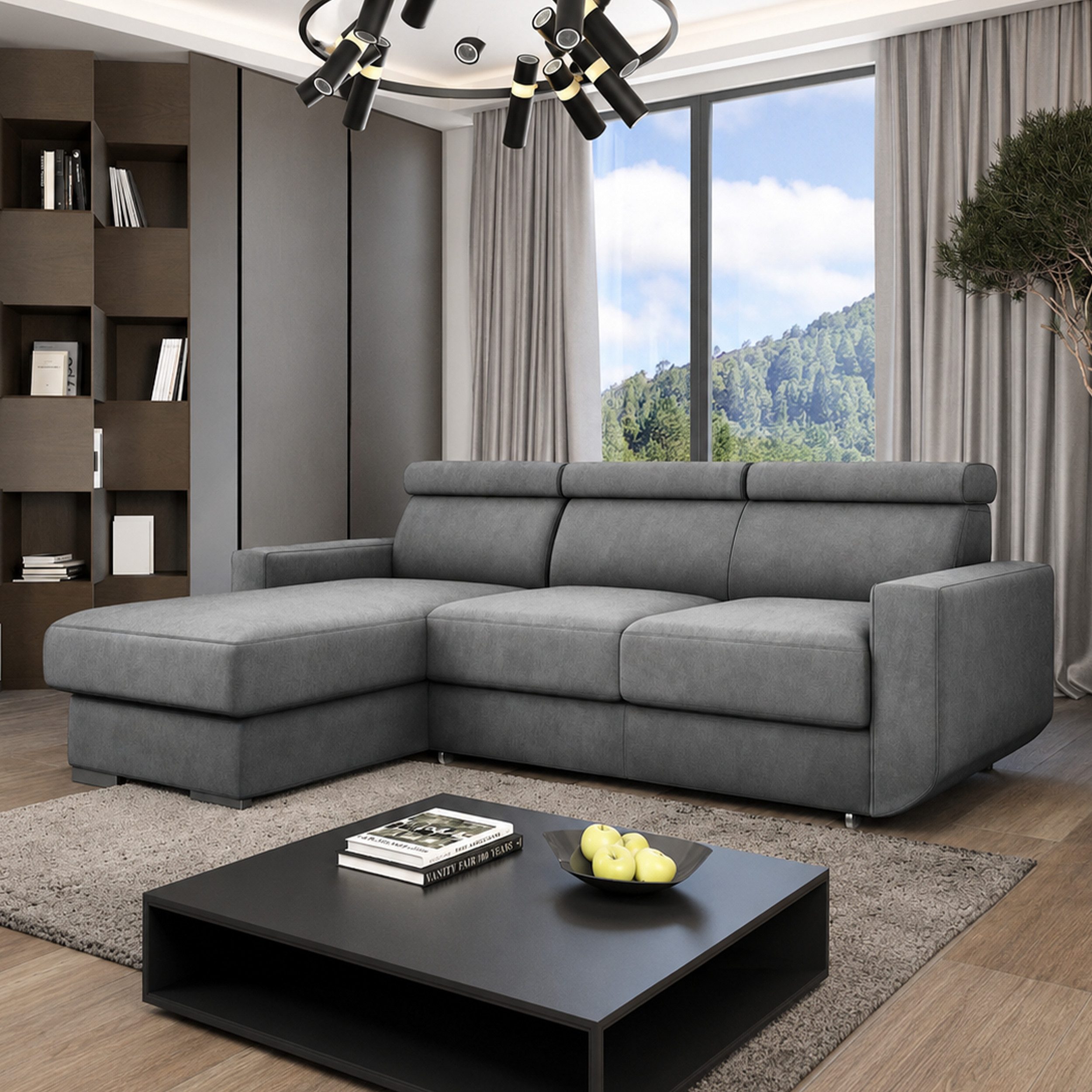 Goldstoff Ecksofa mit Schlaffunktion & Bettkasten "HUGO" verstellbare Kopfstützen, L-Form Couch mit Schlaffunktion und Bettkasten - Sofa, mit Relaxfunktion