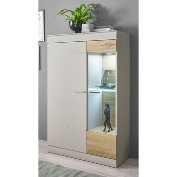 Lomadox Vitrine SINAIA-61 nschrank ohne Beleuchtung in grau matt mit Zinn Eiche Nb. 90/139/35 cm