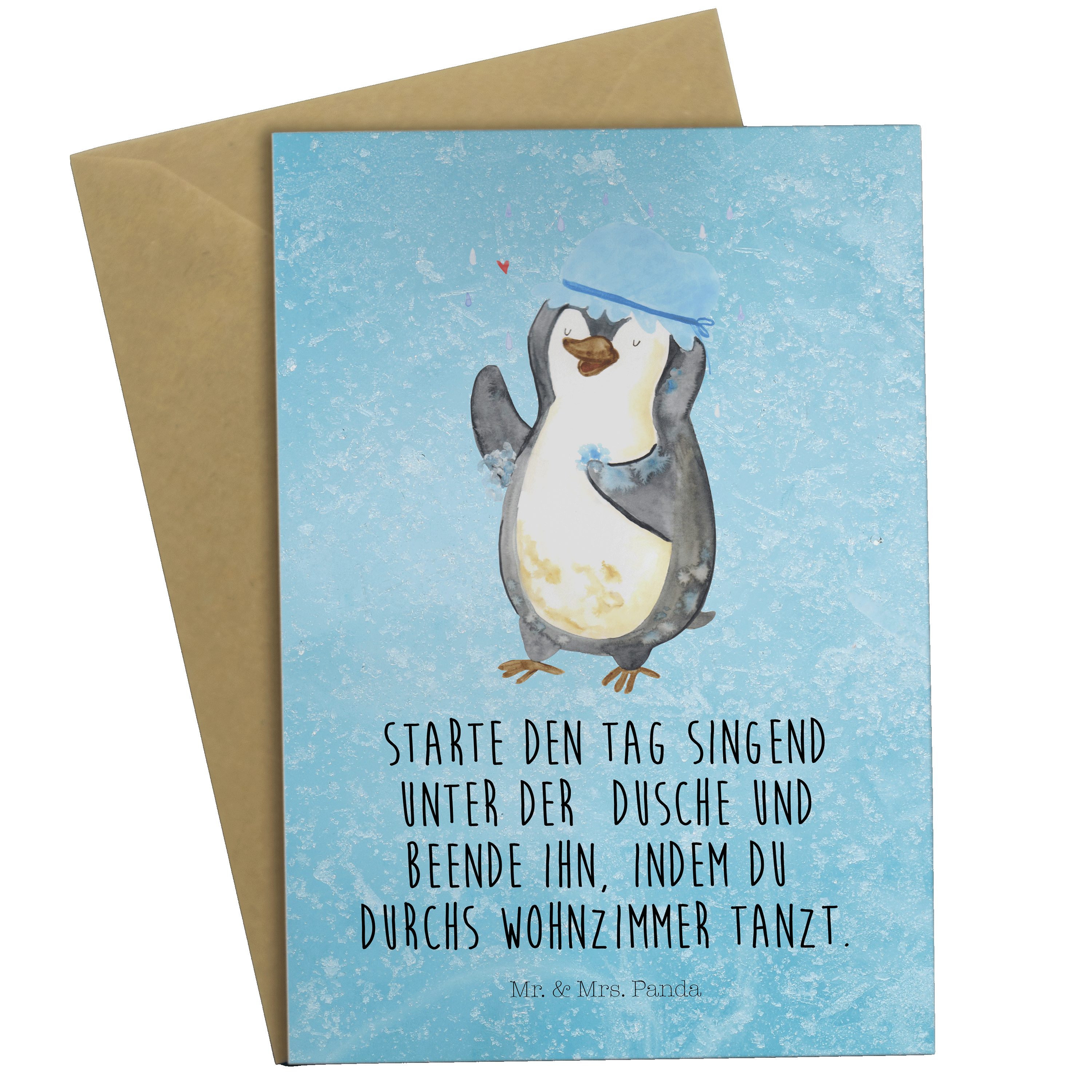 Mr. & Mrs. Panda Grußkarte Pinguin duscht - Eisblau - Geschenk, Klappkarte, Karte, Geburtstagska