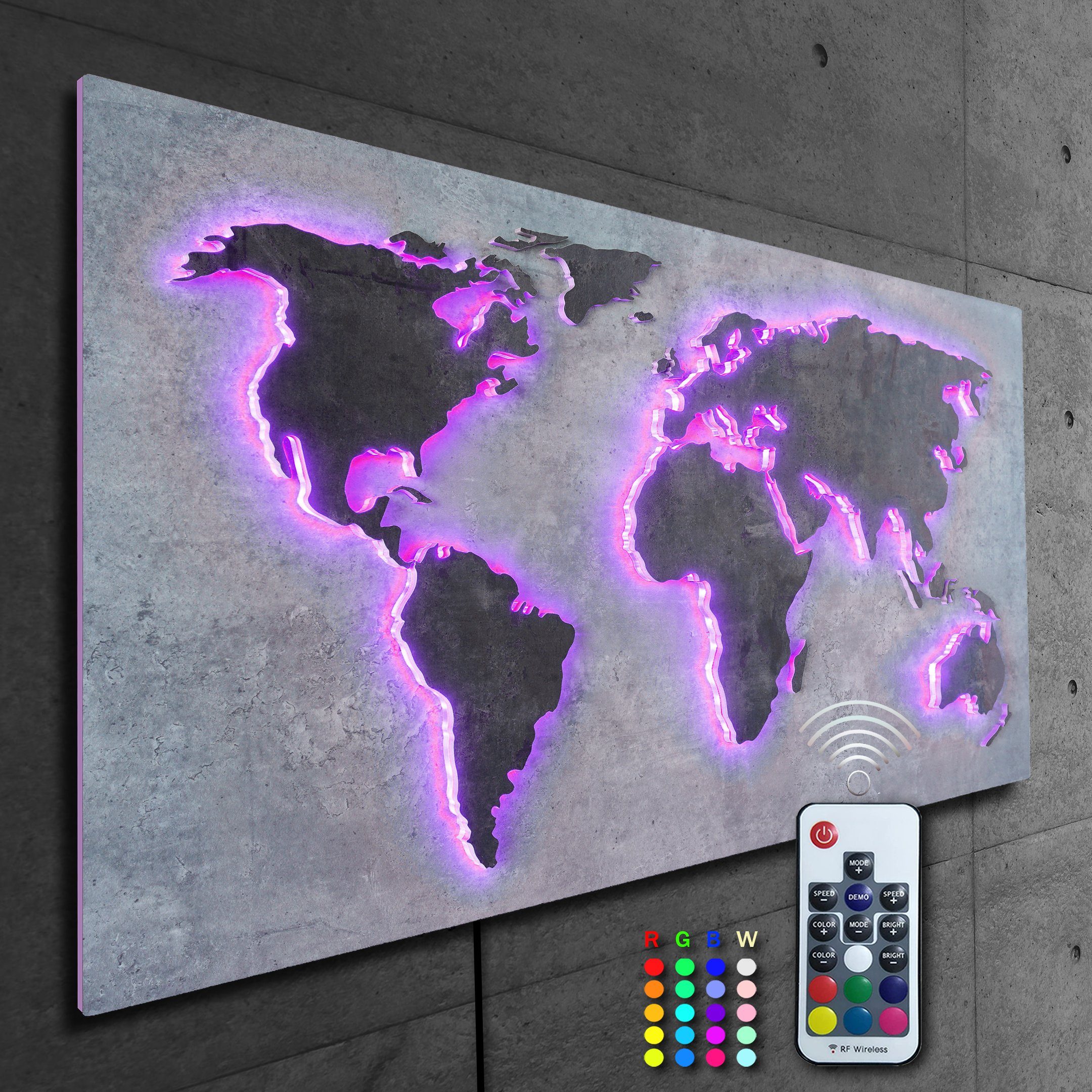Weltkarte bunt Designer Rückplatte MAPPA Länder 3D-Effekt, Edelrost Fernbedienung RGB LUX steuerbaren STEIN-Optik Kontinente - 110x57cm LEDs mit Objekt ZENLED über Beton-Grau, umleuchtet Wanddekoobjekt