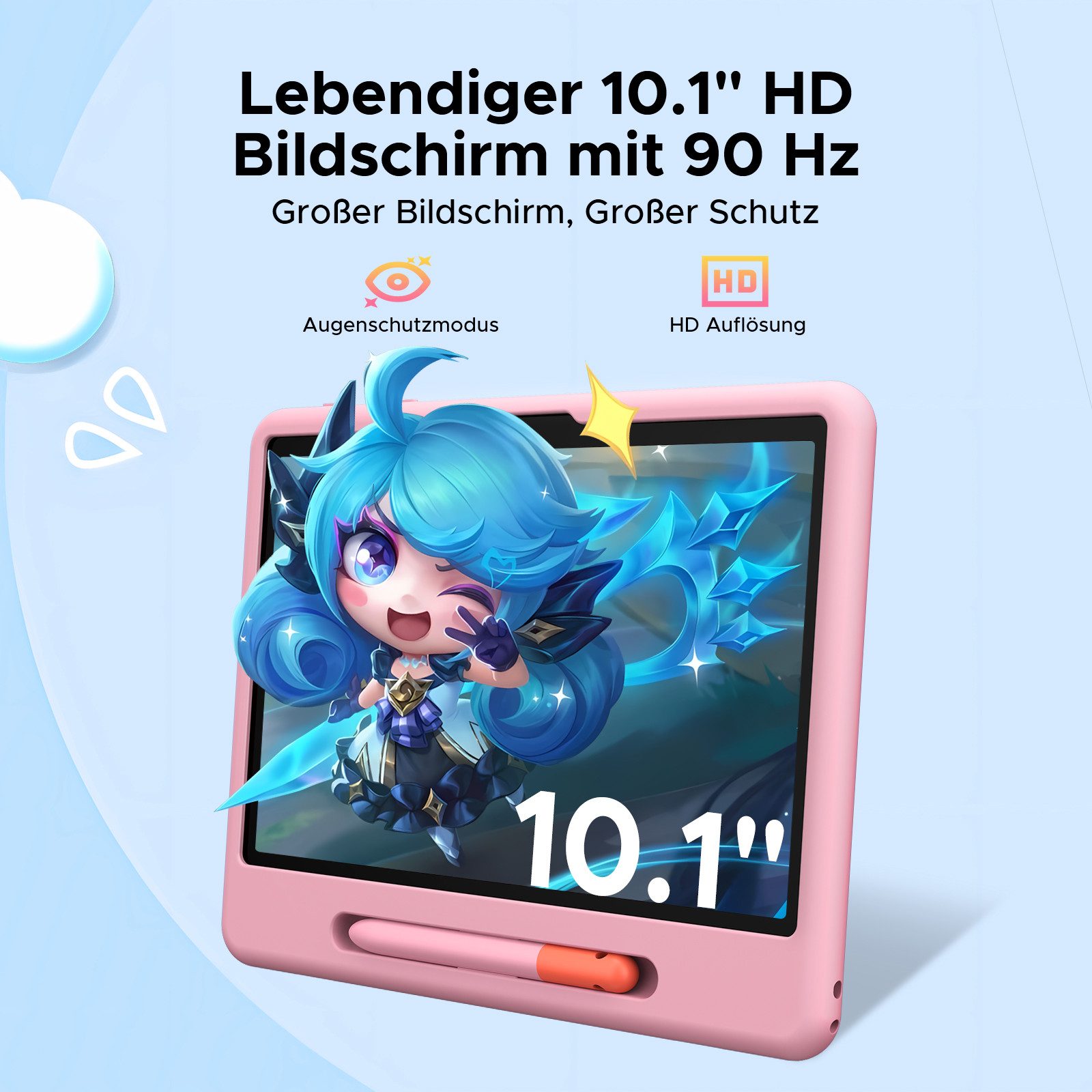 Aorlym AP10 Kid Kinder Tablet 10 Zoll, Android 16, 90Hz, Gemini AI, 64GB ROM Tablet (10.1", 64 GB, Android 16, WiFi, 7000mAh, WiFi5, OTG, Face ID, Tablet mit Kinderschutzhülle und Stift)