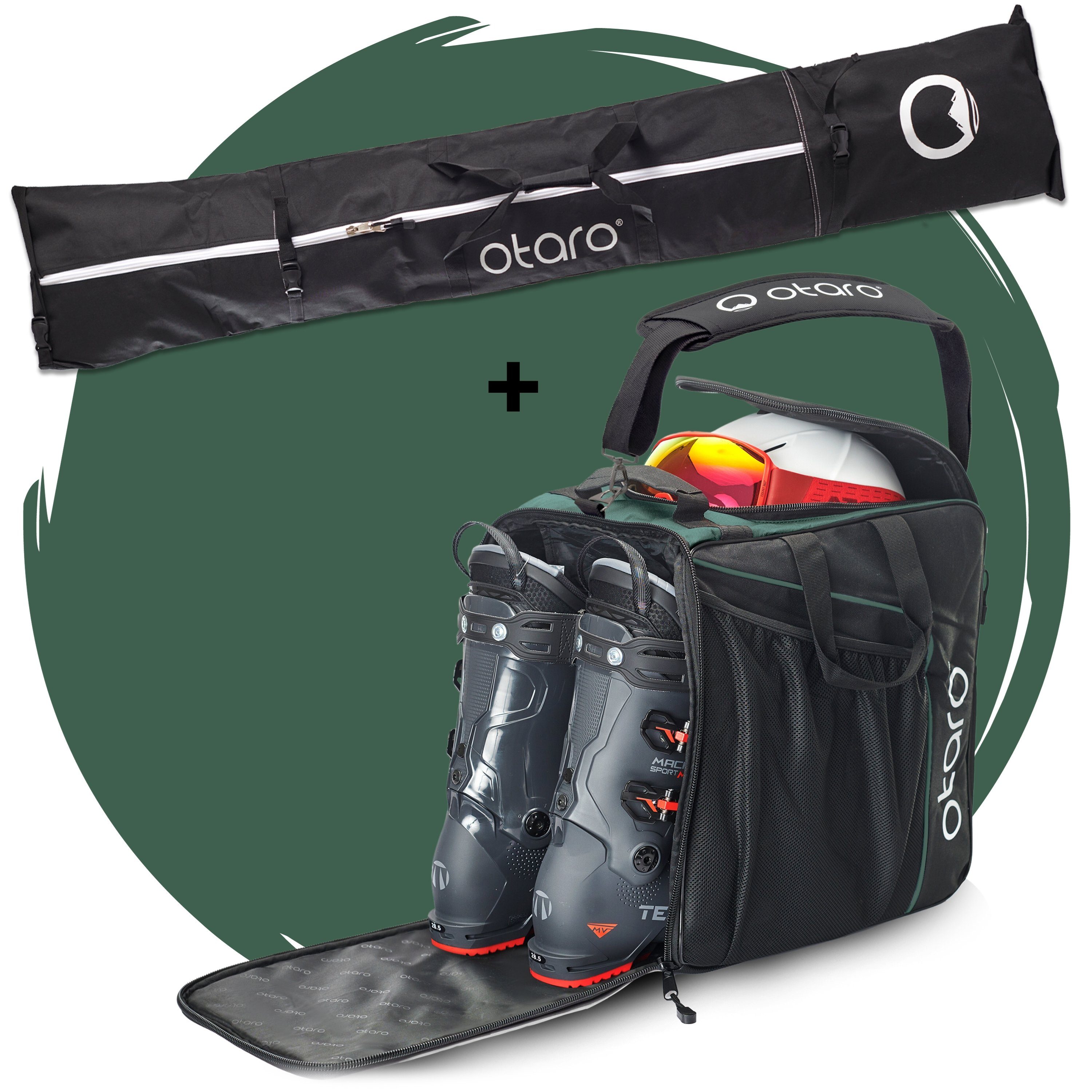 Otaro Sporttasche Set: Skischuhtasche & Skitasche, Classic-Set für 2 Paar Ski (Schutz für deine Ausrüstung, Perfekt durchdacht, ausklappbare Standfläche, für 2 Paar Ski + Stöcke) Schwarz Tannengrün
