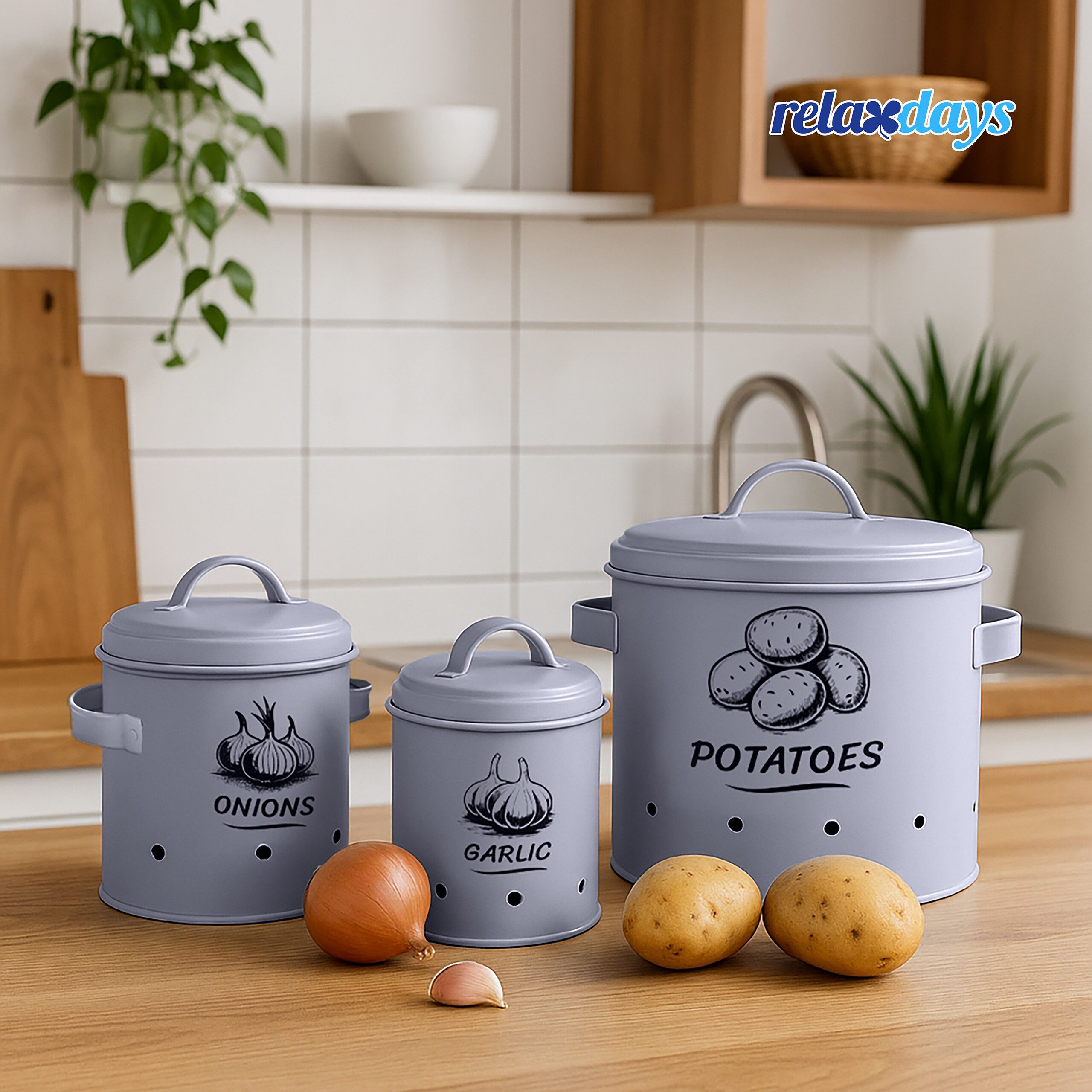 relaxdays Vorratsdose Kartoffel Aufbewahrungsbox 3er Set, Stahl, (3-tlg), grau – Bild 2 von 5