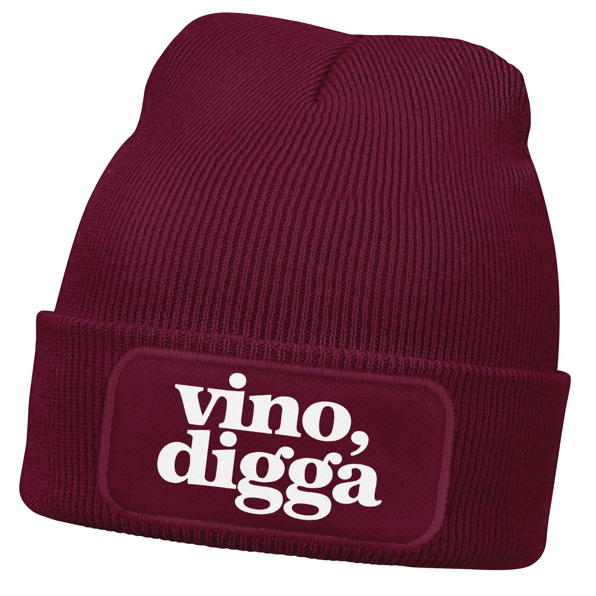 Strickmütze Damen Beanie Strickmütze mit Spruch Vino Digga Aufdruck Lustig