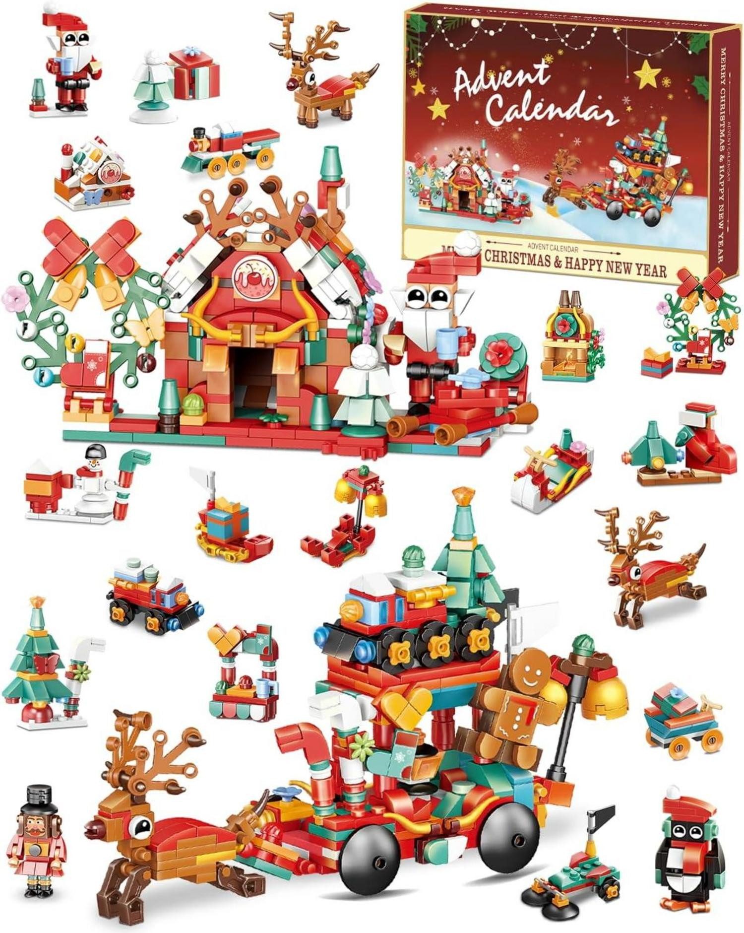 Spielzeug-Adventskalender Adventskalender 2024 Bausteine-Weihnachten Mini Blocks 12 in 1 Rot