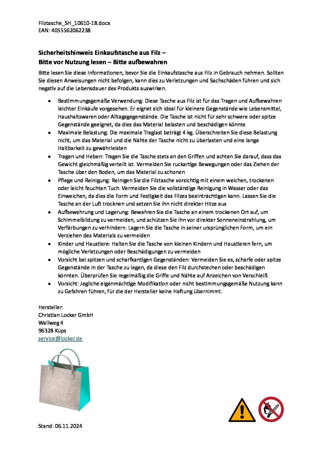 Kobolo Einkaufsshopper Filztasche hellgrau mit türkisen Seiten 35x20x30cm, 20 l