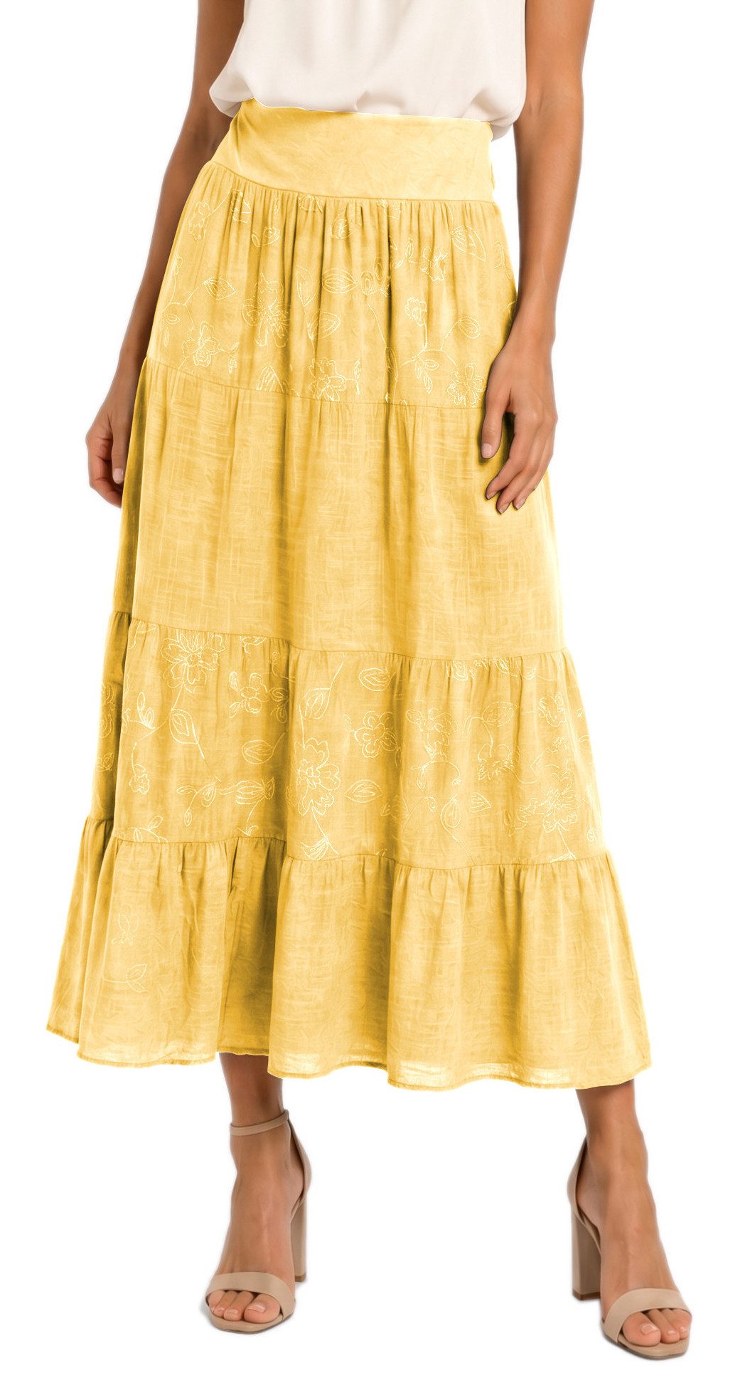 dy_mode Maxirock Damen Maxirock Luftiger Stufenrock Langer Baumwollrock Sommerrock in Unifarbe, mit Gummibund, Blumenstickerei