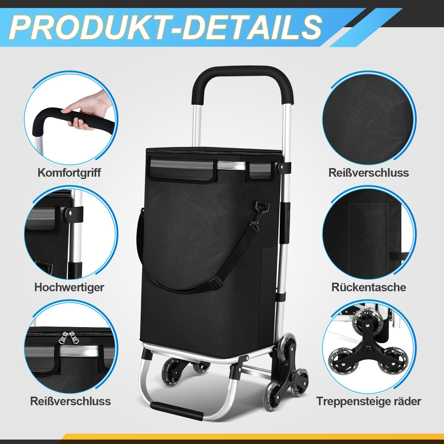 Clanmacy Einkaufstrolley Einkaufswagen klappbar mit Kapazität Kühlfach&Trolley Treppensteiger, 40L, klappbar & rollbar, bis 40 kg