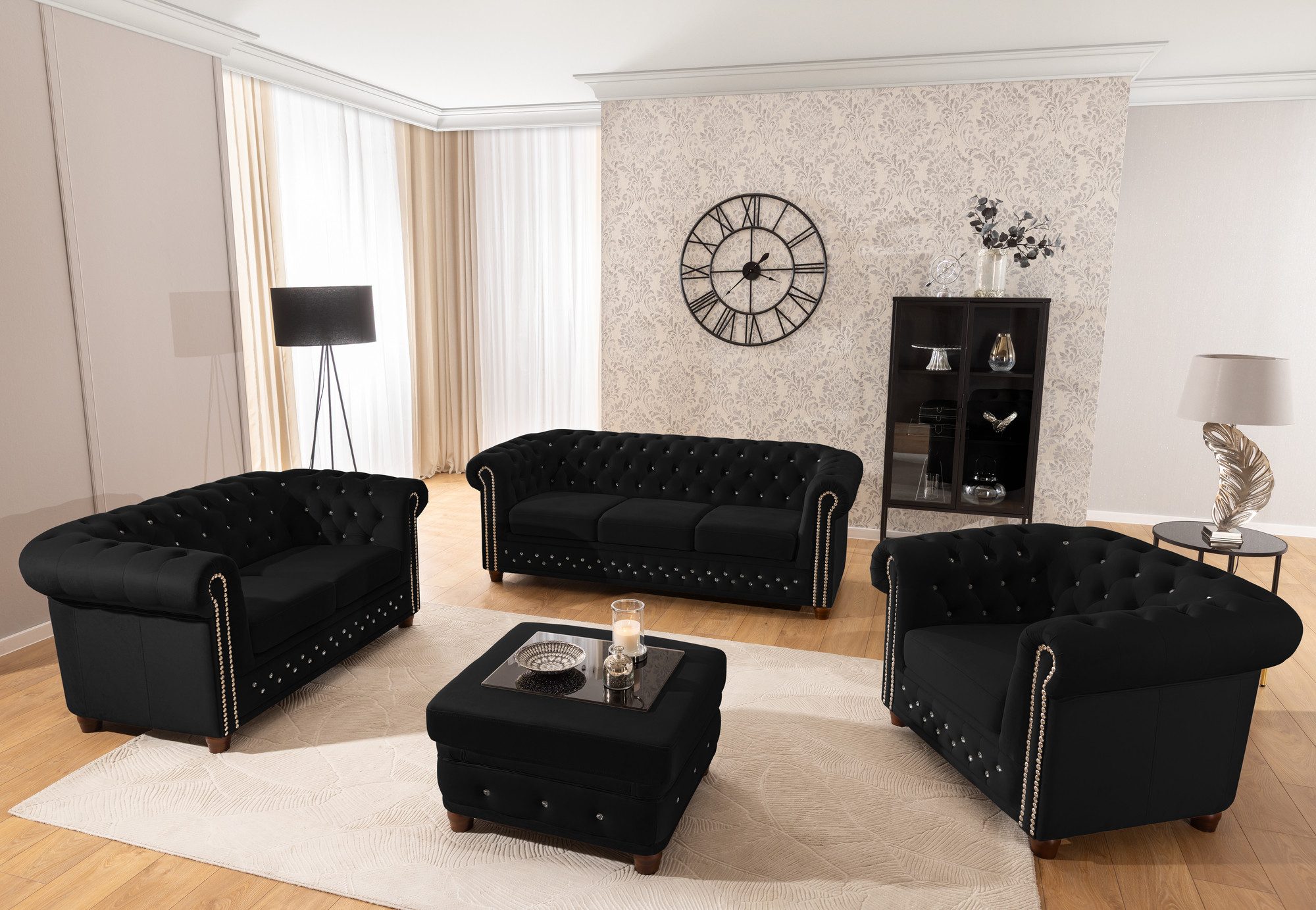 S-Style Möbel Polstergarnitur Chesterfield 3+2+1 Cleo Blink aus Samt mit Kristallsteppung, (1x 3-Sitzer-Sofa, 1x 2-Sitzer-Sofa, 1x Sessel), mit Wellenfederung