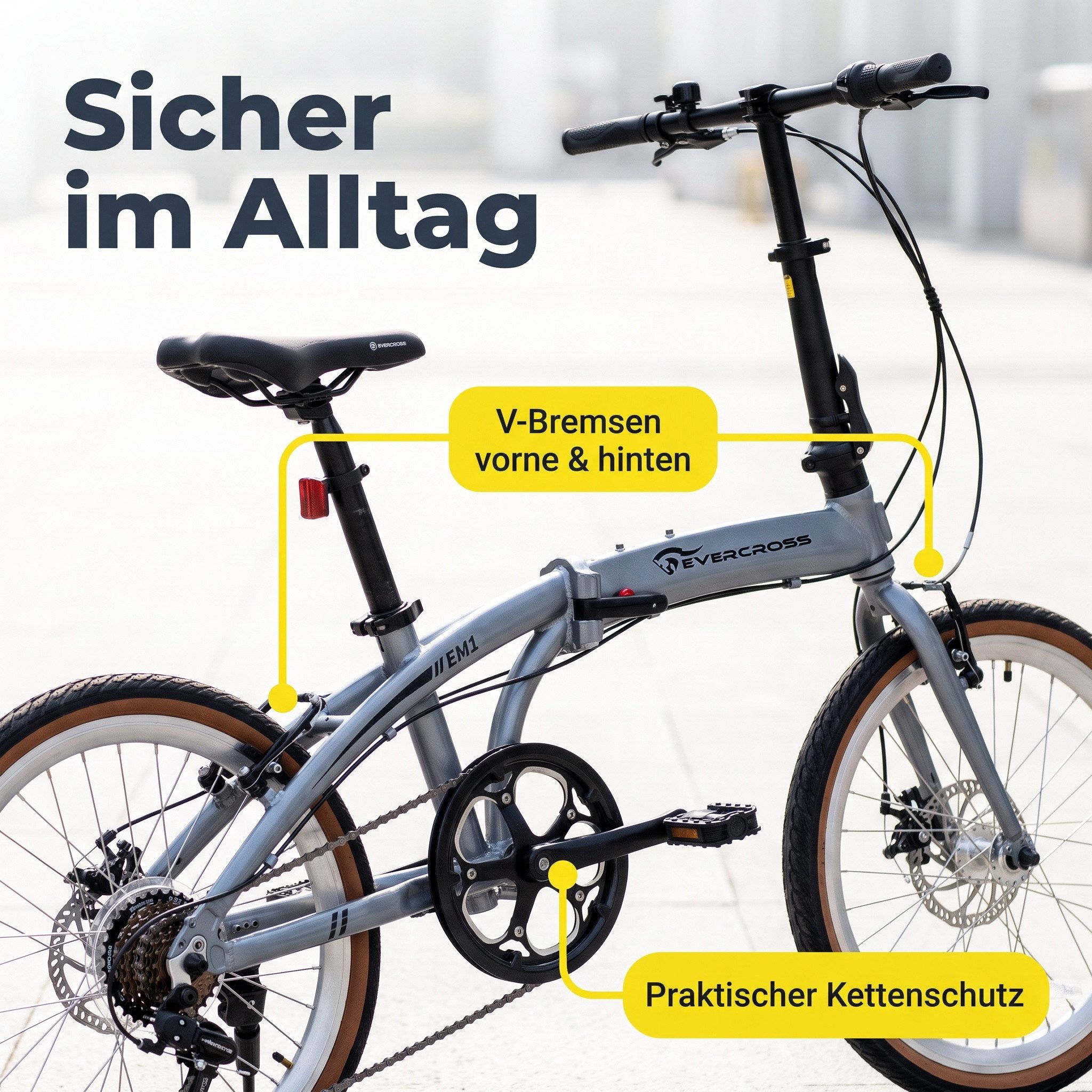 EVERCROSS TECH Faltrad EM1 20 Zoll, sekundenschnell faltbares Fahrrad, Aluminiumrahmen, 7 Gang, 7 Gang, Scheibenbremse, Max 100 kg Klapprad für Damen & Herren