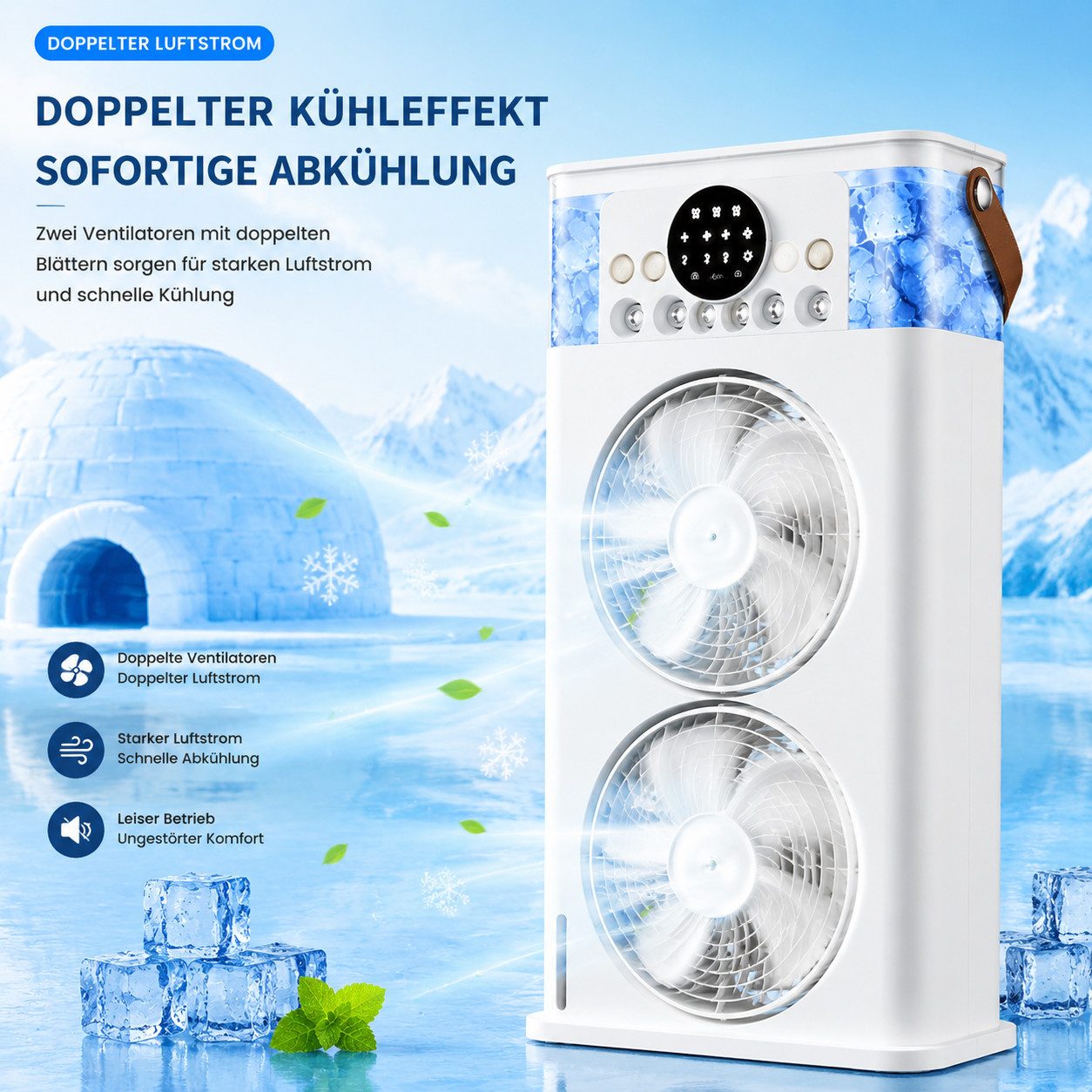 MOPUEA Ventilatorkombigerät Doppellüfter-Kühlventilator mit Nebelfunktion Tragbare Klimaanlagen