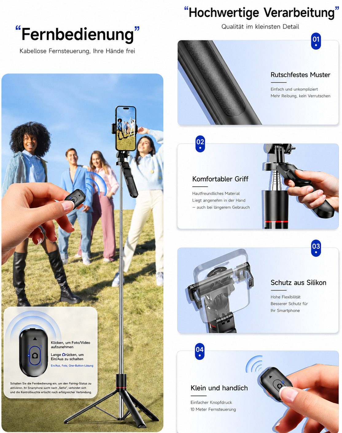 Toomoke Selfie-Stick 3-in-1-Handstativ mit Bluetooth-Fernbedienung,Kamerastativ Gimbal, 360° Drehbar,170CM,1/4-Zoll-Schraube,für Selfie, Reisen, Vlog