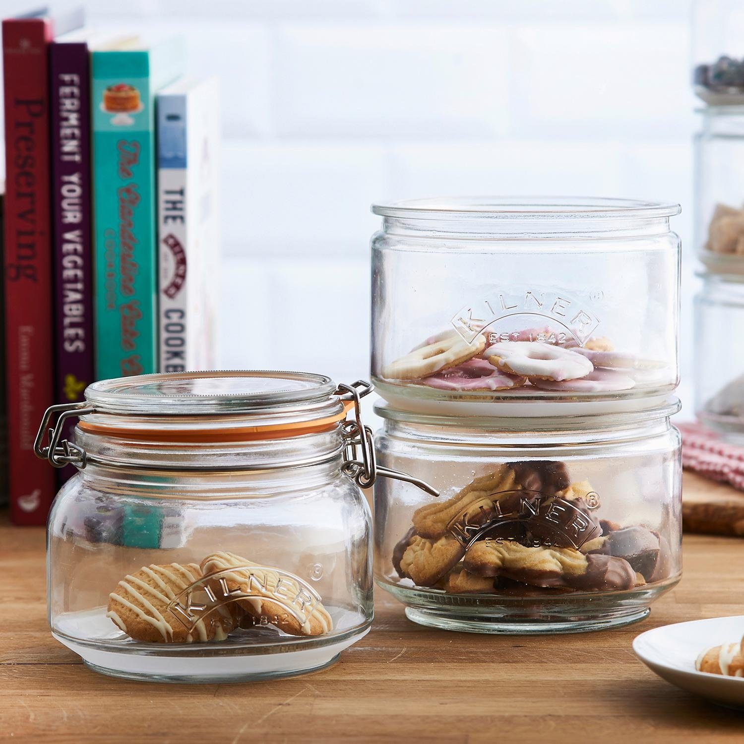 KILNER Vorratsglas, Edelstahl, Glas, (Set, 3-tlg., 2 x 0,88Liter, 1 x 0,9 Liter)