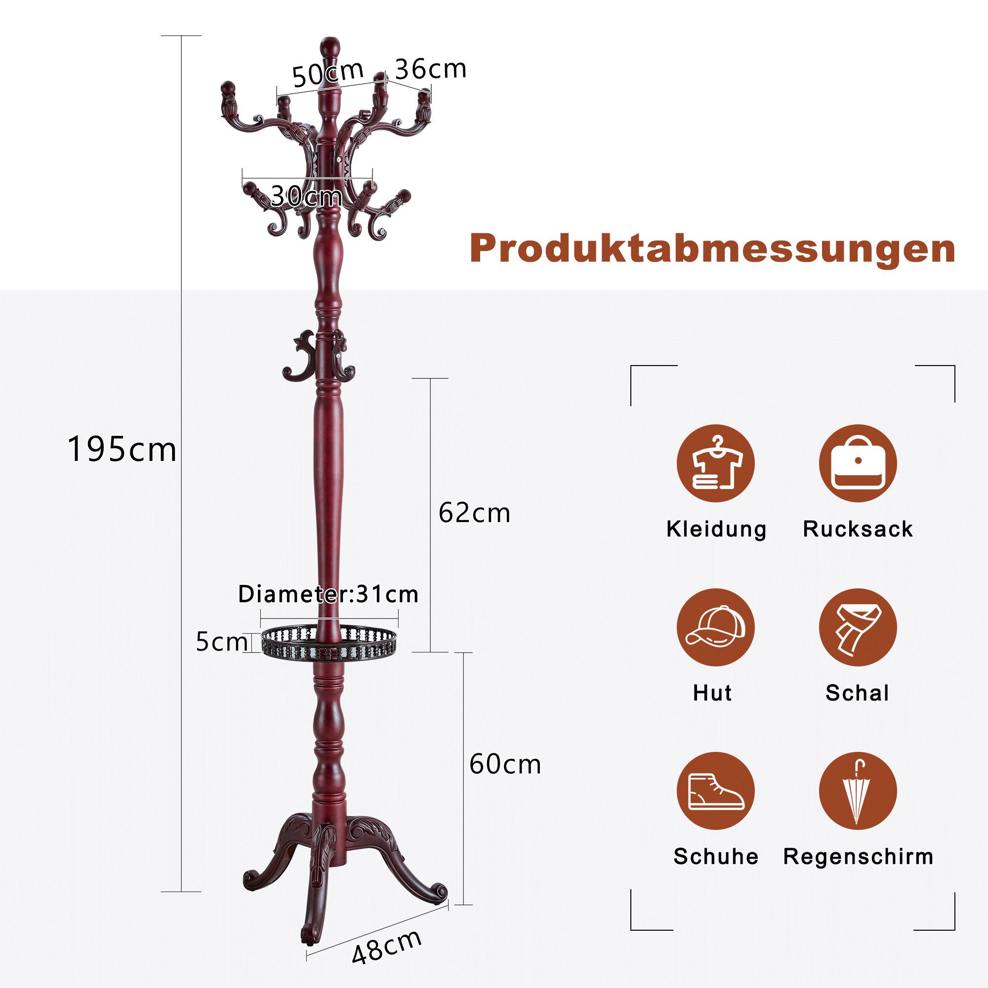 JUFU Garderobenständer aus massivem Buchenholz im klassischen Stil, 195 cm hoch, (1 St), mit Metallablage, abgerundeten Haken & stabilem Dreibein